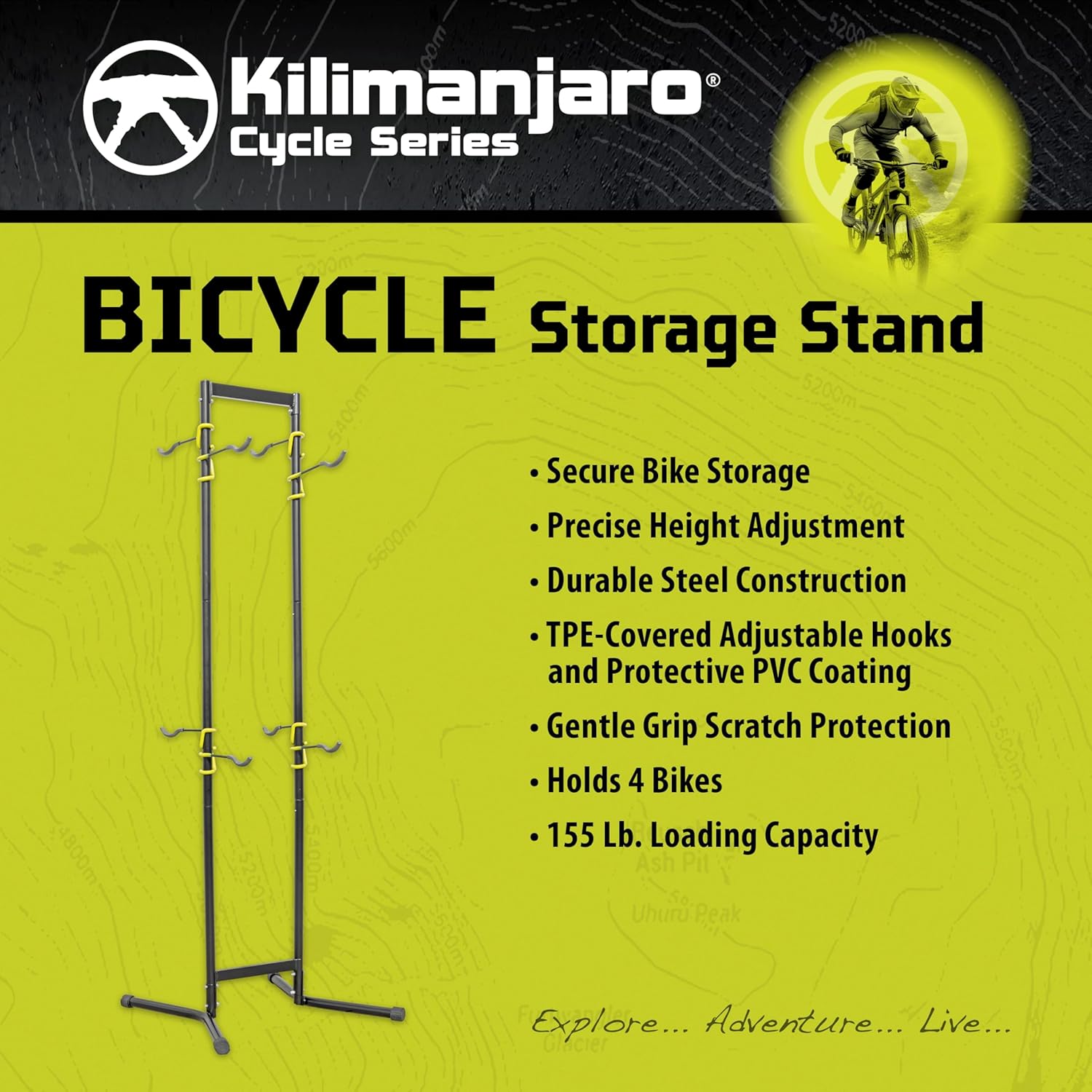 Kilimanjaro 4-Bike Storage Stand – Adjustable Height Garage Rack with PVC-Coated Steel Frame, TPE Hooks, and 155 lb Capacity – Scratch-Free Bicycle Organizer – 910534ECE