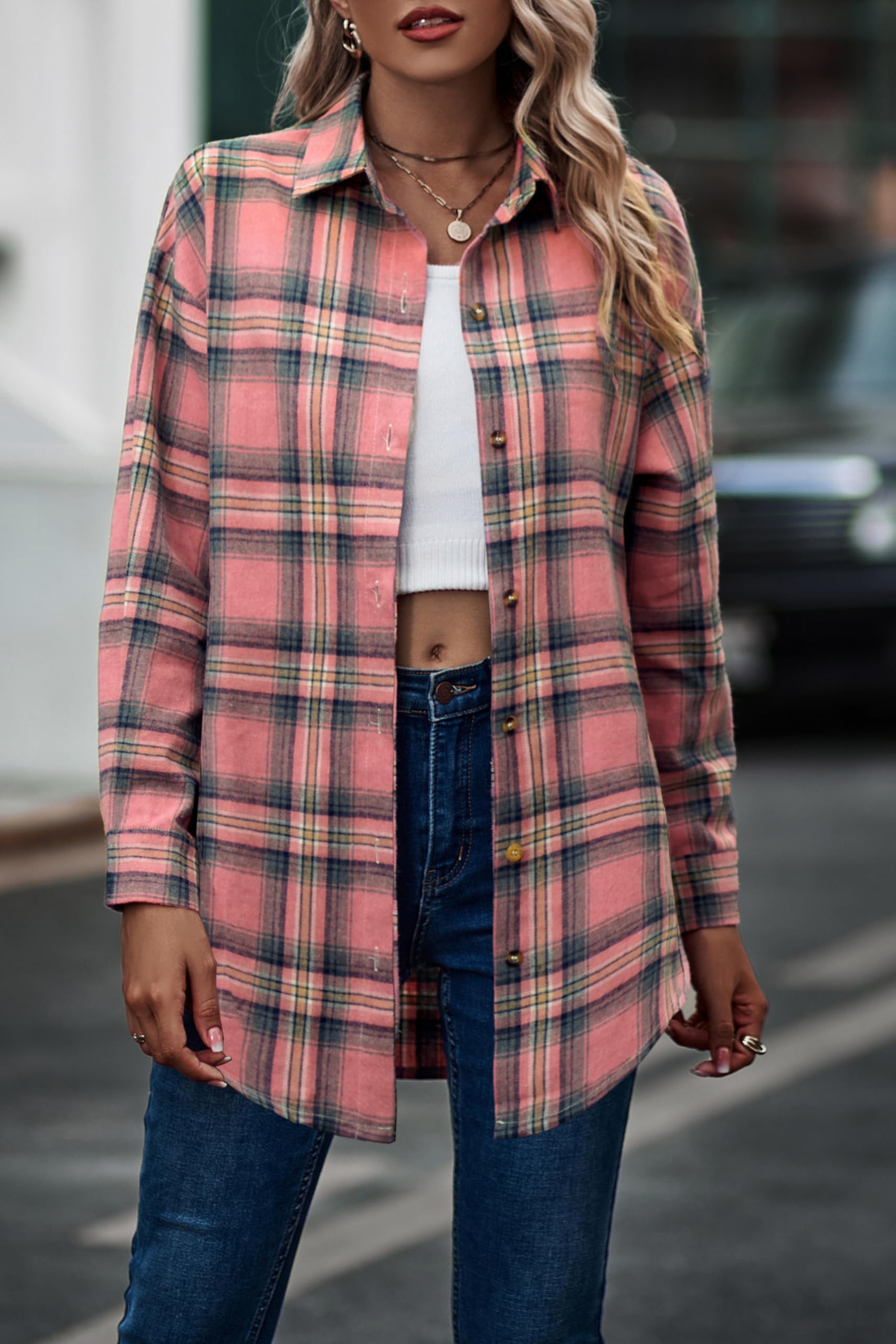 Jhsnjnr Damska flanelowa bluzka w kratkę, listwa guzikowa, dekolt w serek, długa koszulka oversize, koszula w kratkę, koszulka z długim rękawem