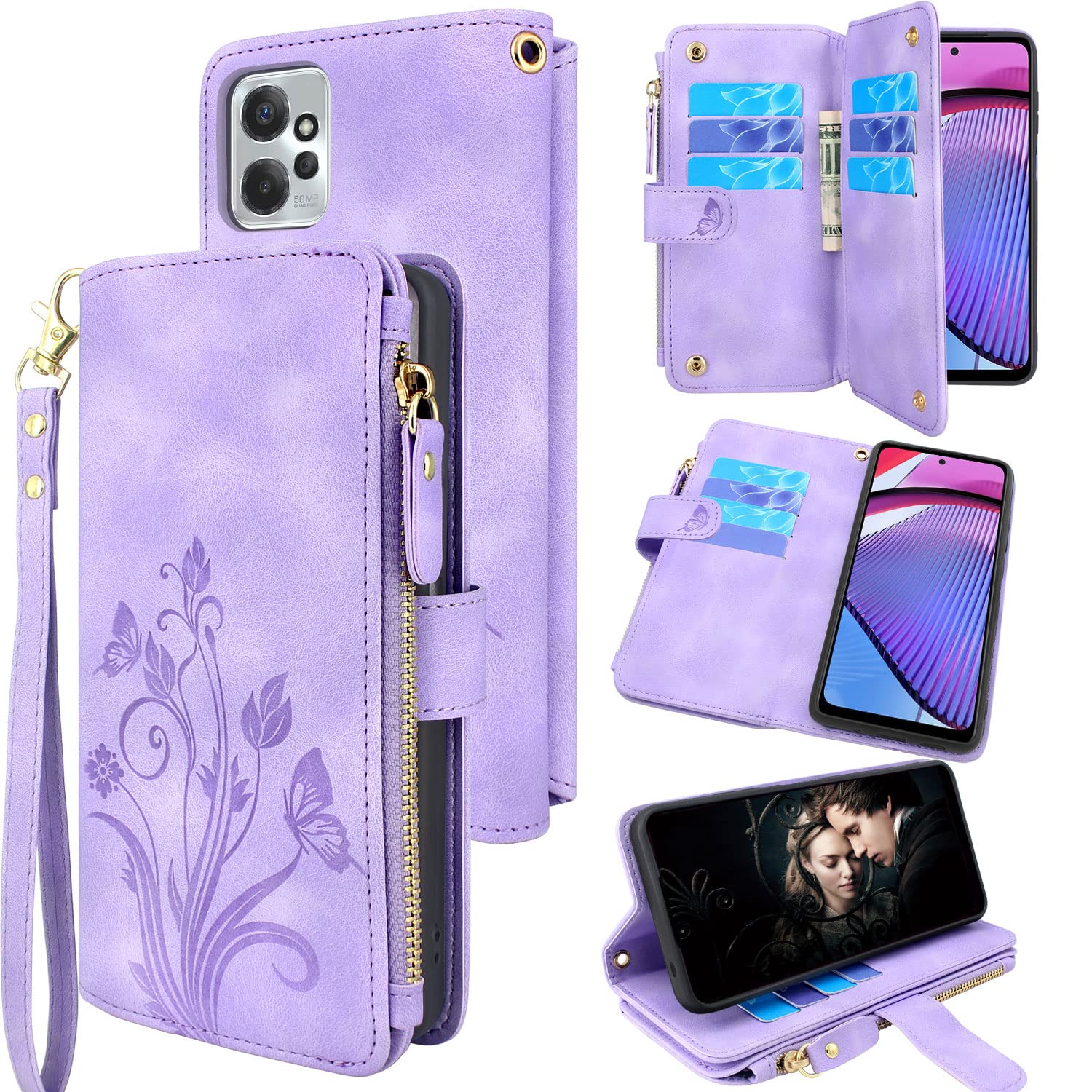 Lacass [Cards Theft Scan Protection] Holder Zipper Pocket Wallet Case Flip Leather Cover with Wrist Strap Stand for Motorola Moto G Power 5G 2023 (Floral Lavender Purple)