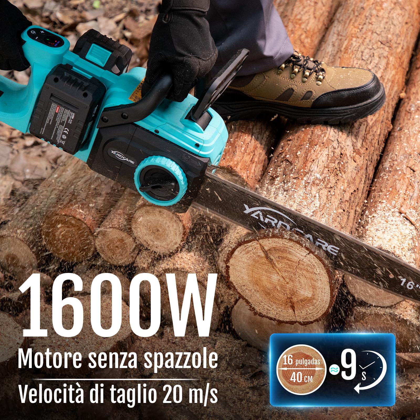 YARDCARE Motosega a batteria 16 pollici, motore brushless da 1600 W, velocità della catena 21 m/s, con display LED e 2× batterie da 4 Ah, tensionamento senza attrezzi e lubrificazione automatica