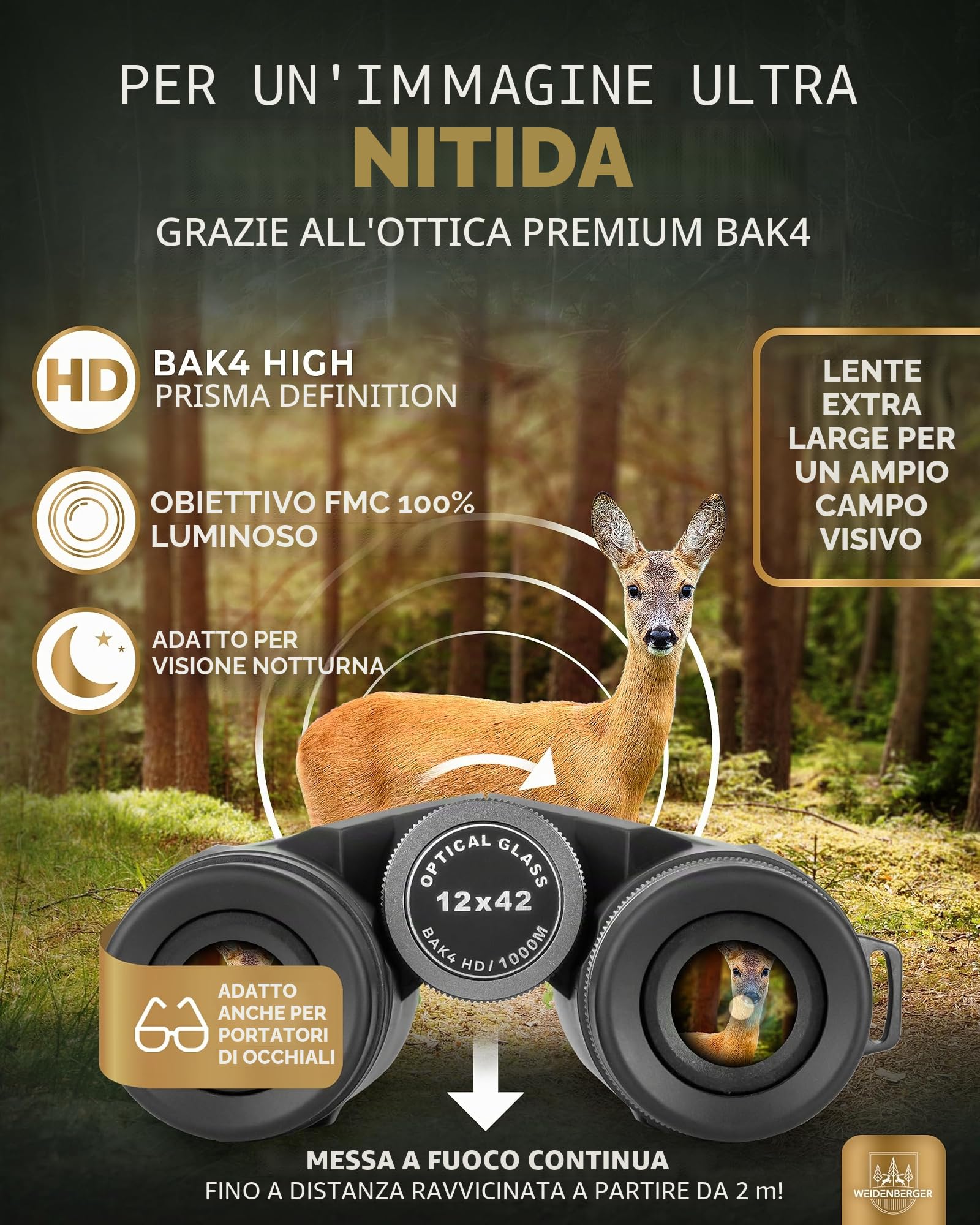 Binocolo 12 x 42, [Vincitore del test] binocolo in magnesio con riempimento nitrogeno e impermeabile, per adulti, Prisma HD BAK4 + obiettivo FMC, adatto anche per portatori di occhiali