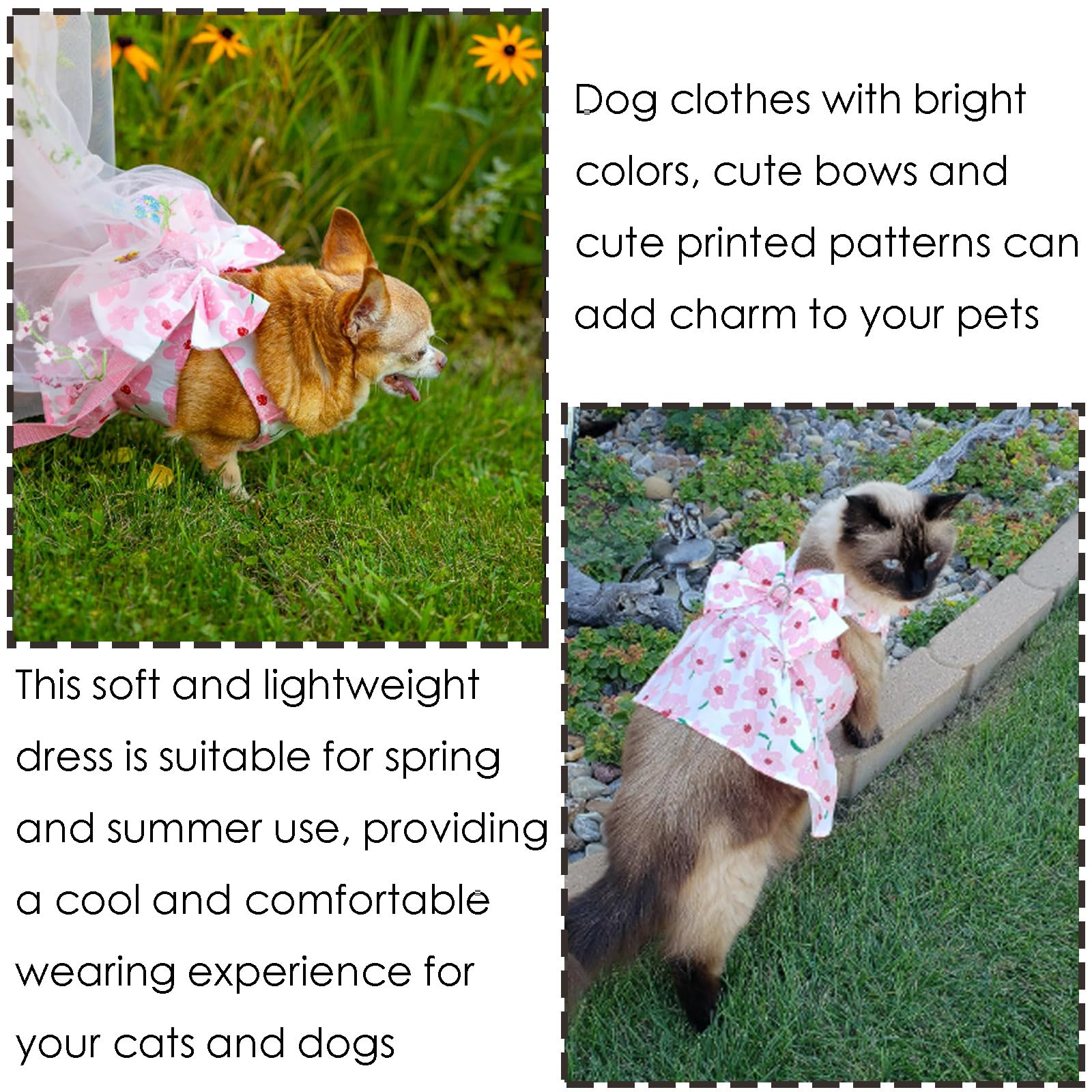 Ling & Bai Small Dog Harness Dress and Leash Set Cute Pet Bowknot Dresses Summer Cat Princess Clothes Outfits Accessories for Puppy Kitten (Pink - Image 3