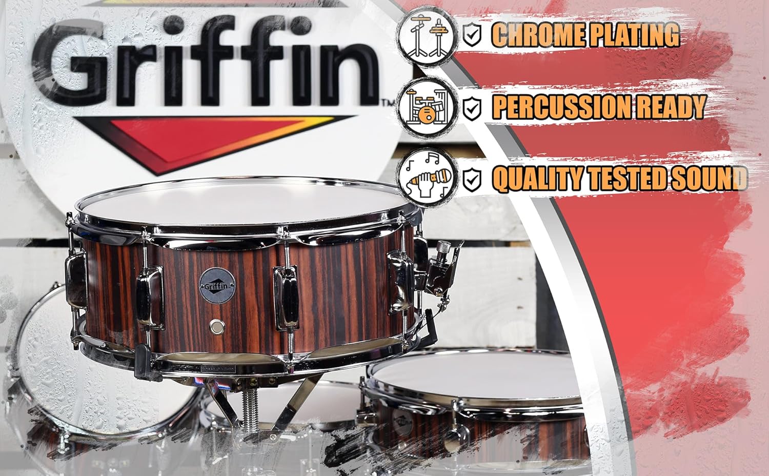 GRIFFIN Snare Drum – 14" x 5.5" (PoplarPro Edition) Wood Shell with Black Hickory PVC, Coated Head, Snare Throw Off, Key & 8 Tuning Lugs