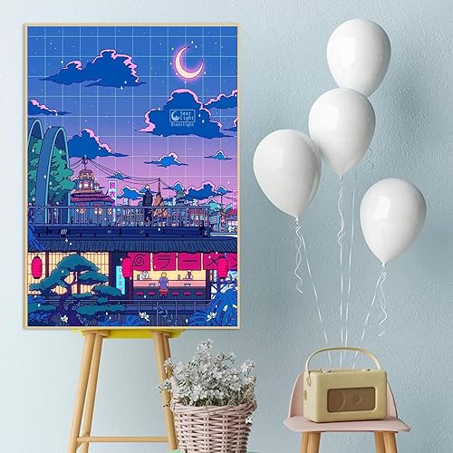 Kits de arte de diamantes de escena nocturna urbana para adultos, arte de diamantes 5D de luna colorida para adultos principiantes, pinturas de