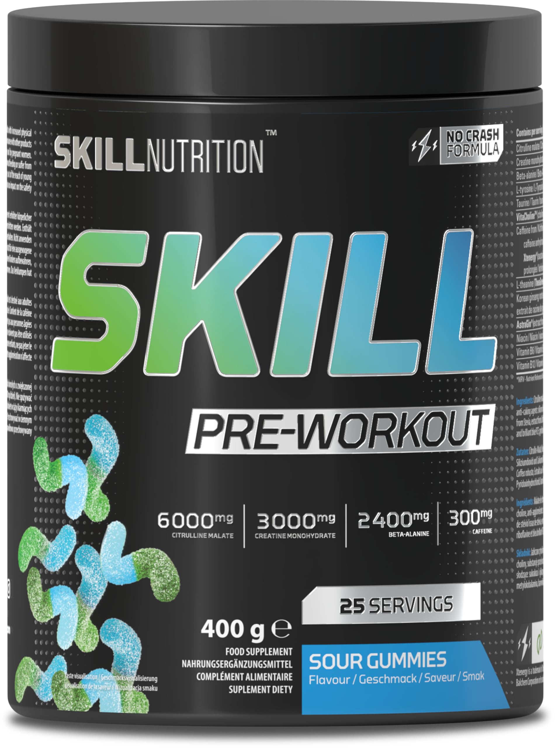 SKILL Nutrition Pre-Workout Sour Gummies | Énergie sans Crash | Xtenergy, TheaGreen, Vitacholine, Astragin | Citrulline, Bêta-Alanine & Vitamines B | Focus & Performance | Végétalien & Halal