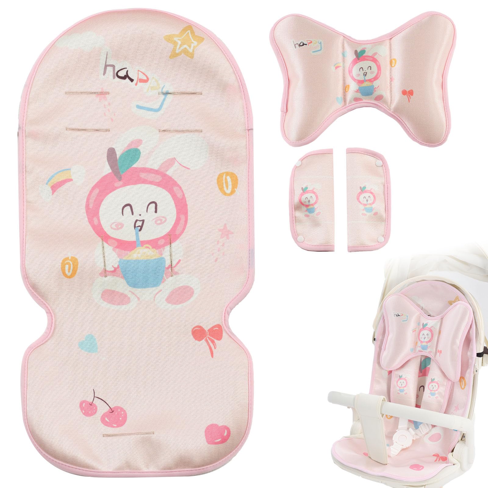 Sitzauflage Kinderwagen Sommer Kinderwagen, 5 Punkt Gurt Kühlkissen Weiche Atmungsaktive, 3 Stück Kühler, Kissen Schulterpolster, Kopfkissenkinder, Mit Niedlichen Tieren (Hase)