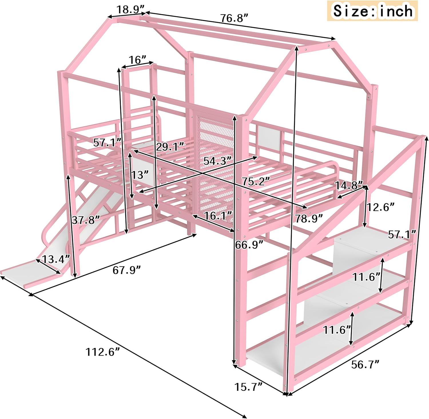 LUMISOL Full Size Metal House Loft Bed with Slide and Stairs,Heavy Duty Playhouse Loft Bed Frame with Storage Shelves for Kids, Pink