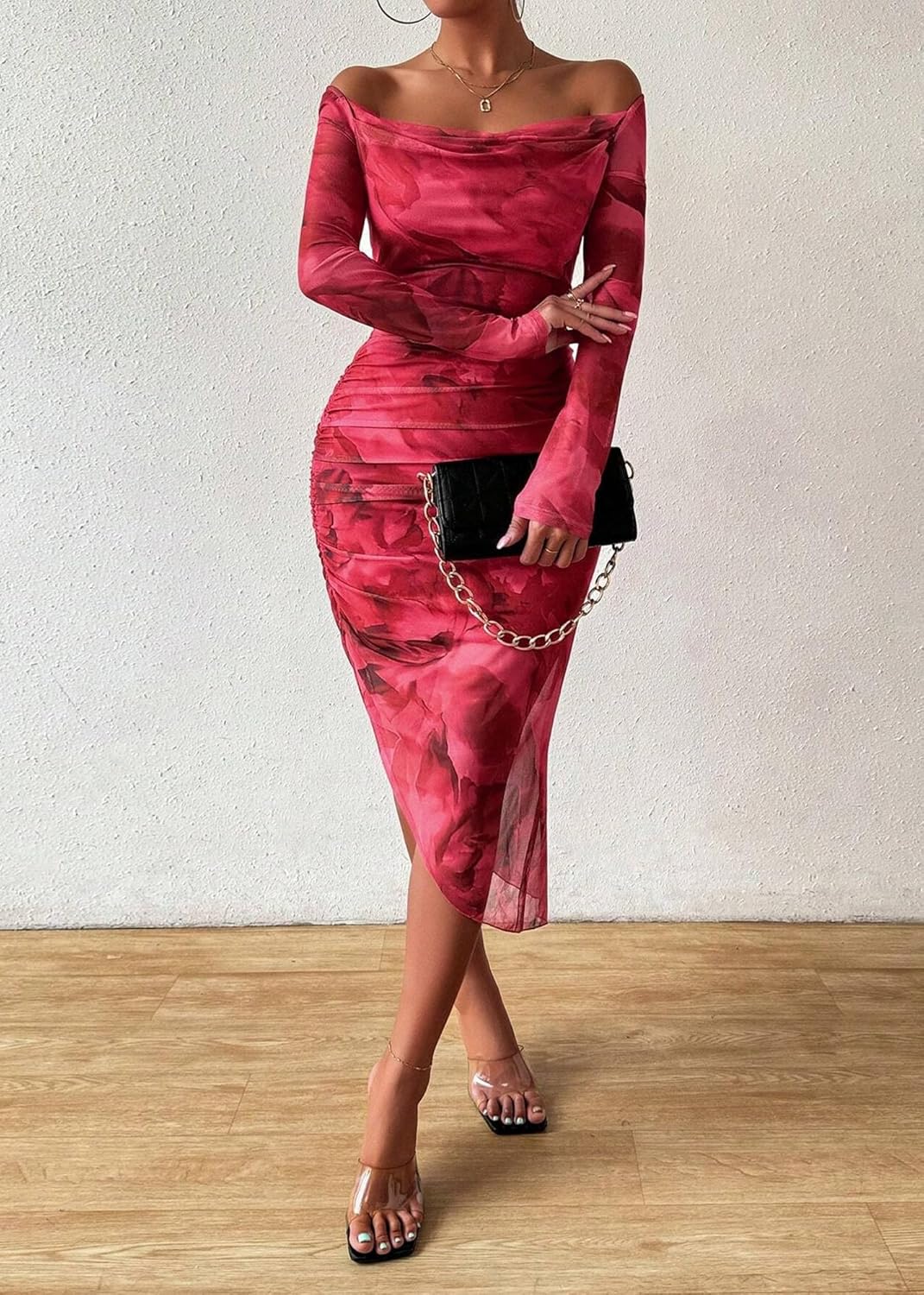 MOEENCN Sexy Long Sleeve Mini Dress for Women Sheer Mesh Printed 2 Piece Skirt Set Crew Neck See Through Bodycon Clubwear - Image 2