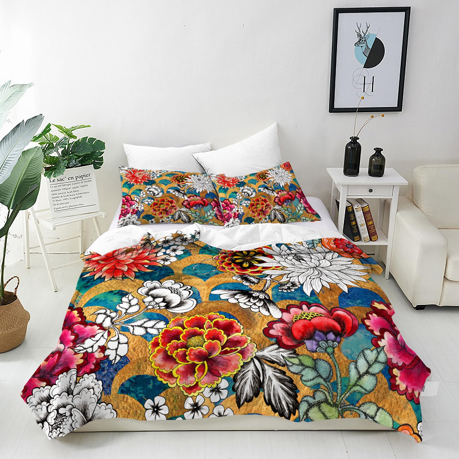 ANHOPE Floral Duvet Cover Set Soft Comforter Cover with Flower Fish Scale Carp Print Pattern 3 Piece Bedding Set with Pillowcase All Season Decorative Quilt Cover with Zipper for Kids Adults Single — image 1