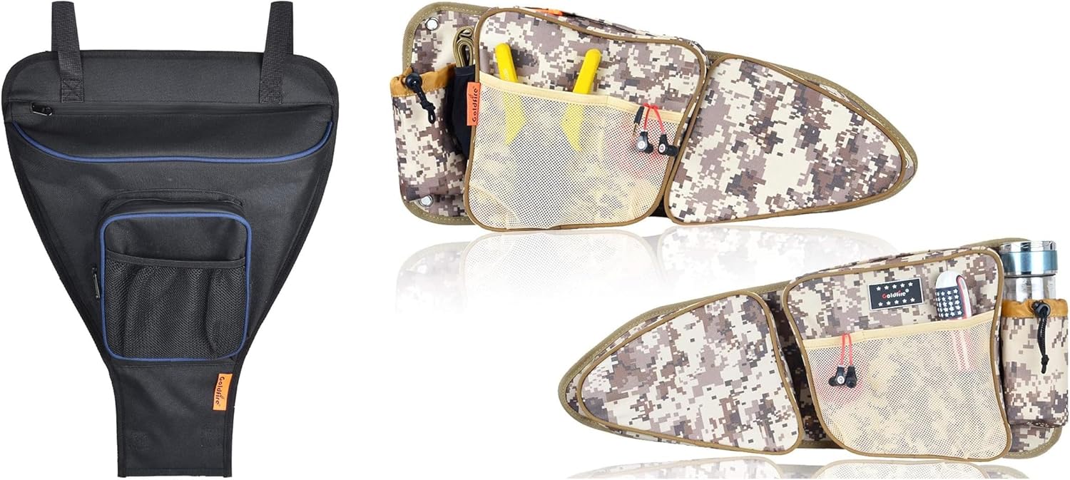 Goldfire RZR XP 1000 Accessories,Camo Style Front Door Storage Tool Bags SXS Gear Bags Set w/Knee Pad + Blue Piping Center Seat Storage Shoulder Bag For Polaris Razor 570 800 S 900 1000 XP Accessories