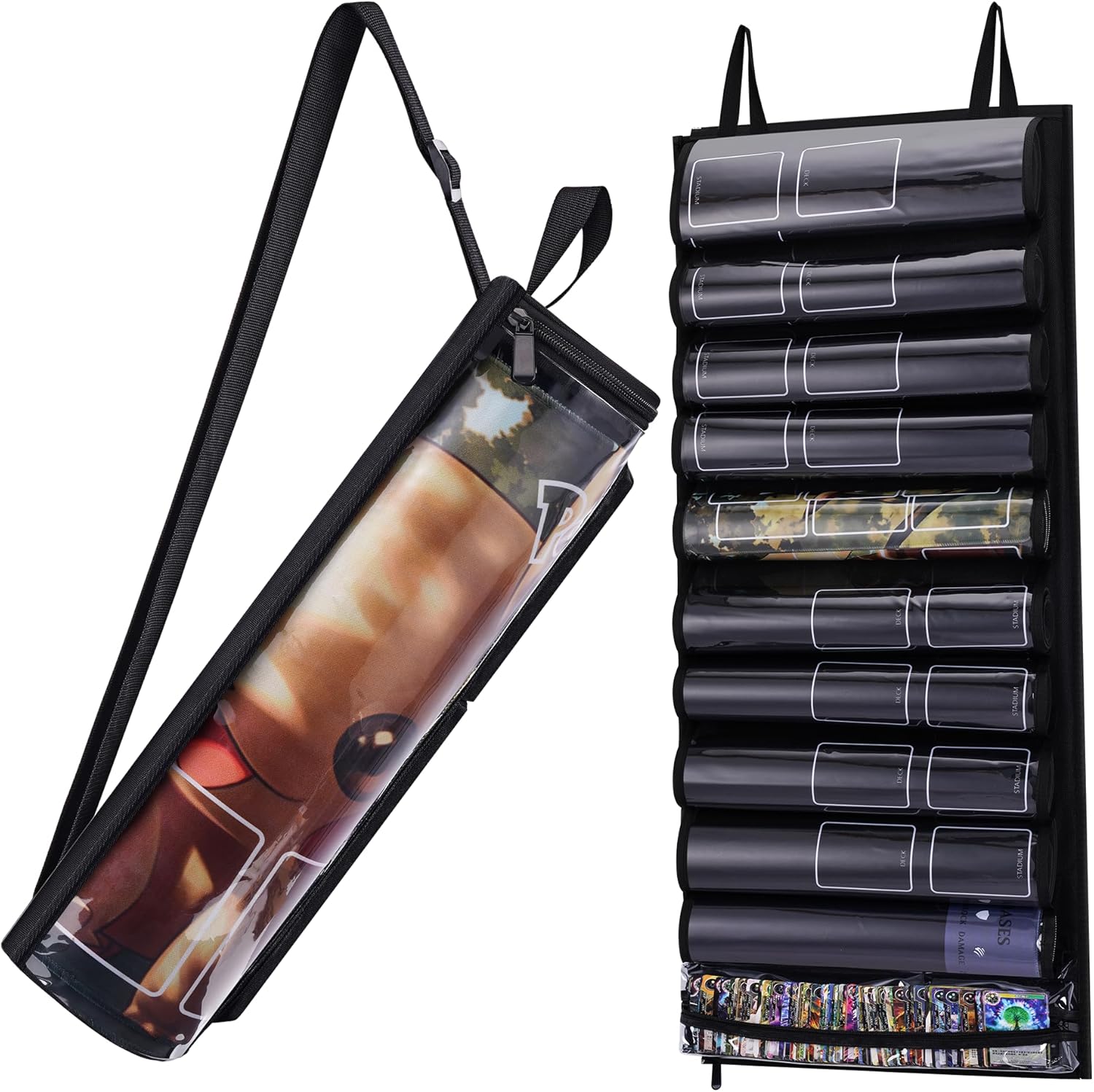 Playmat Tube Fits 14'' or 15'' 1 pcs Playmats, 10 Playmat Holder, Transparent Portable Playmat Tube Storage Bag for Game Mat and Tubes with 2 Mesh Pockets