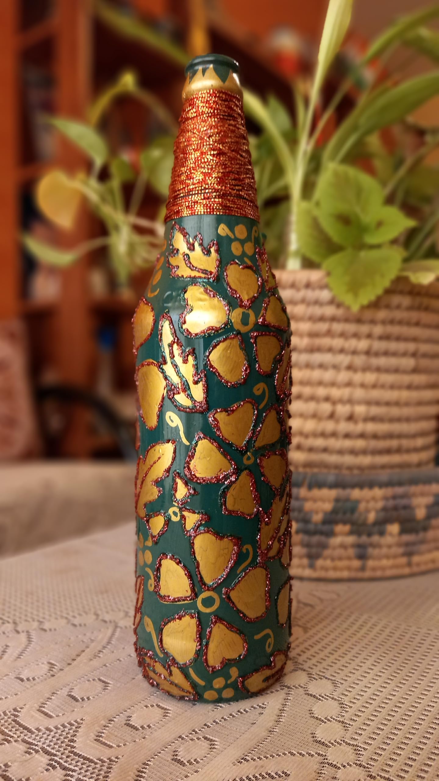 Nu Fashion Green and Golden Hand Painted Upcycled Decorative Beer Bottles | Painted Glass Bottle Vase | Bottles for Decoration | Unique Decorative Bottle Vase for Office & Living Room-image-46