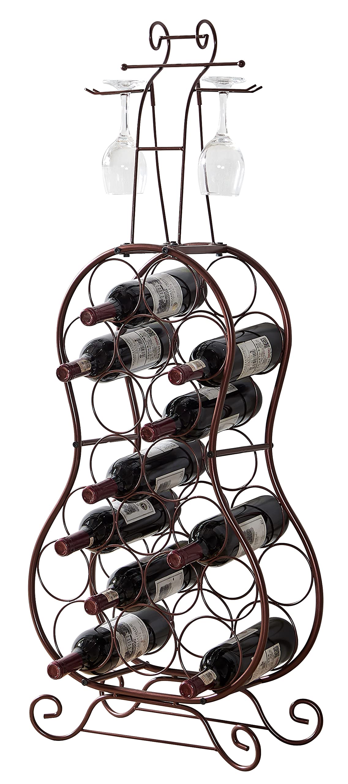 KB Designs - Cello- Free Standing Metal Wine Rack, 19 Bottles with Wine Glass Holder, Bronze