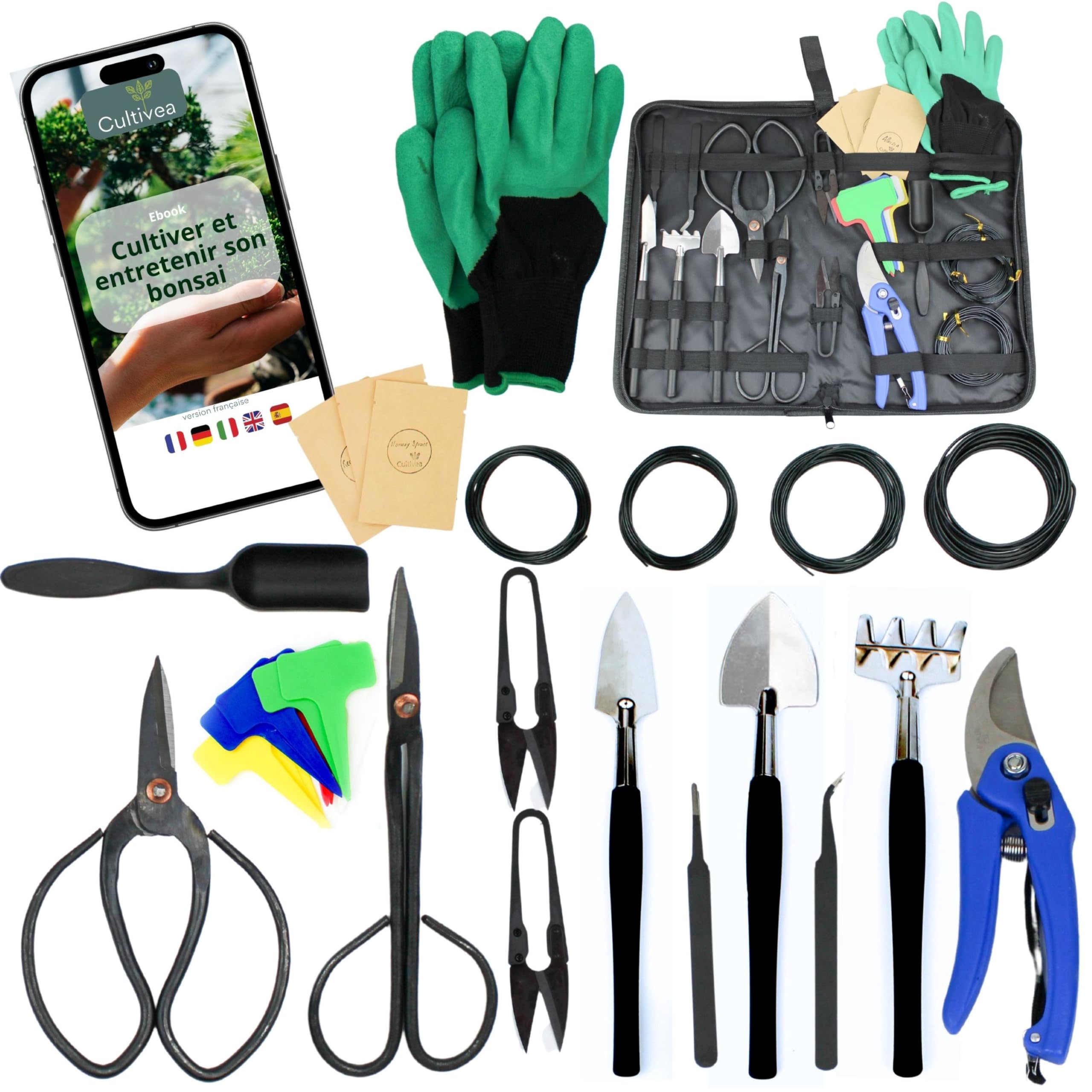 Cultivea® Juego de 32 Herramientas Completas para bonsái - Herramientas de Acero - Jardín - Tijeras para bonsái y Cuidado de Plantas - Tijeras - Alicates - Poda de bonsái - Alambre de Aluminio