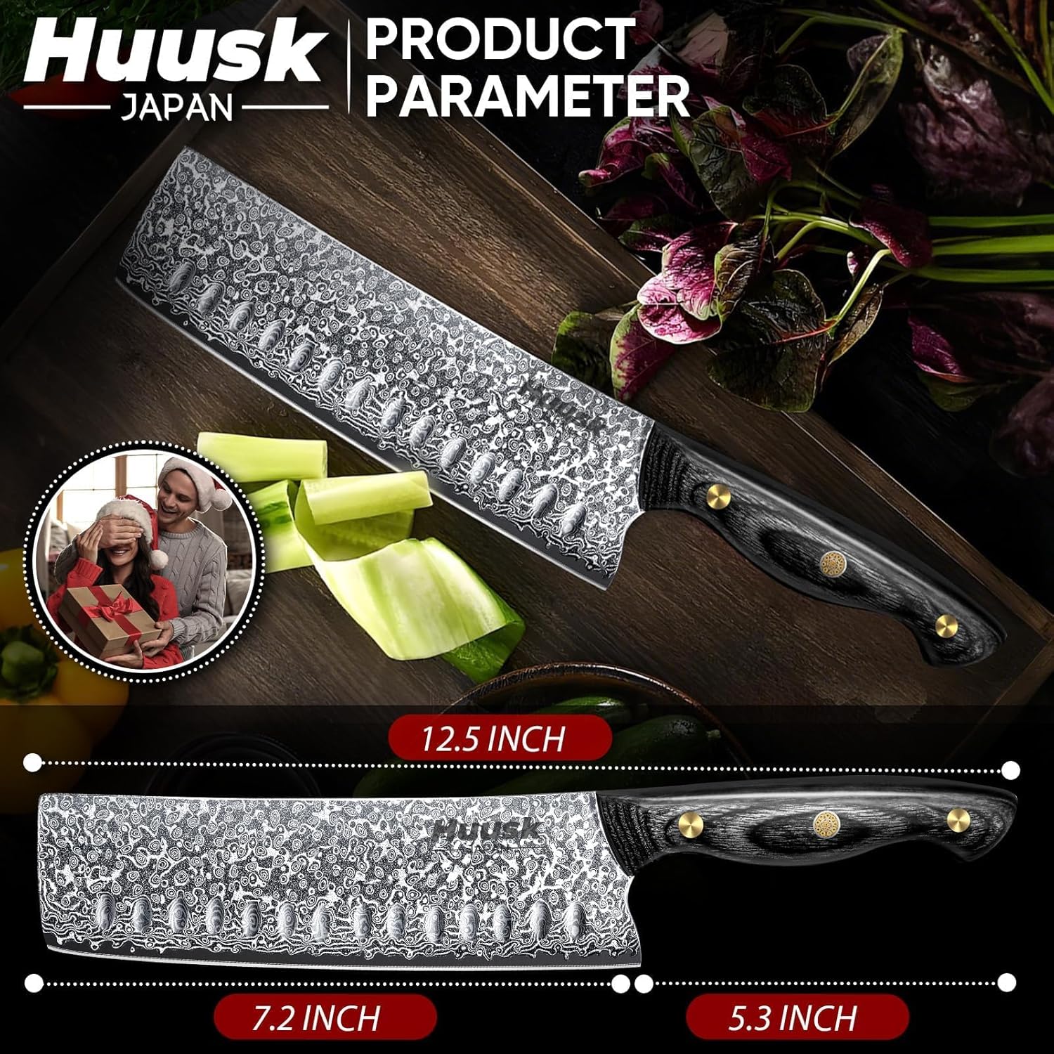 Huusk Damascus Nakiri Knife 7inch - Japanese Knives with Sharp Edge and Wooden Handle, Hand Forged Chef Knives for Home Use, Meat Vegetables Fish Knives, Christmas Gift for Men and Women