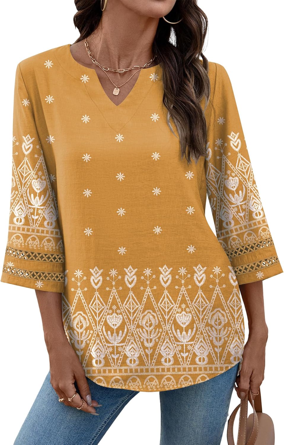 Lomon Womens 3/4 Sleeve V Neck Bohemian Blouses Casual Loose Fit Tunic Tops Vacation Clothes - Image 2