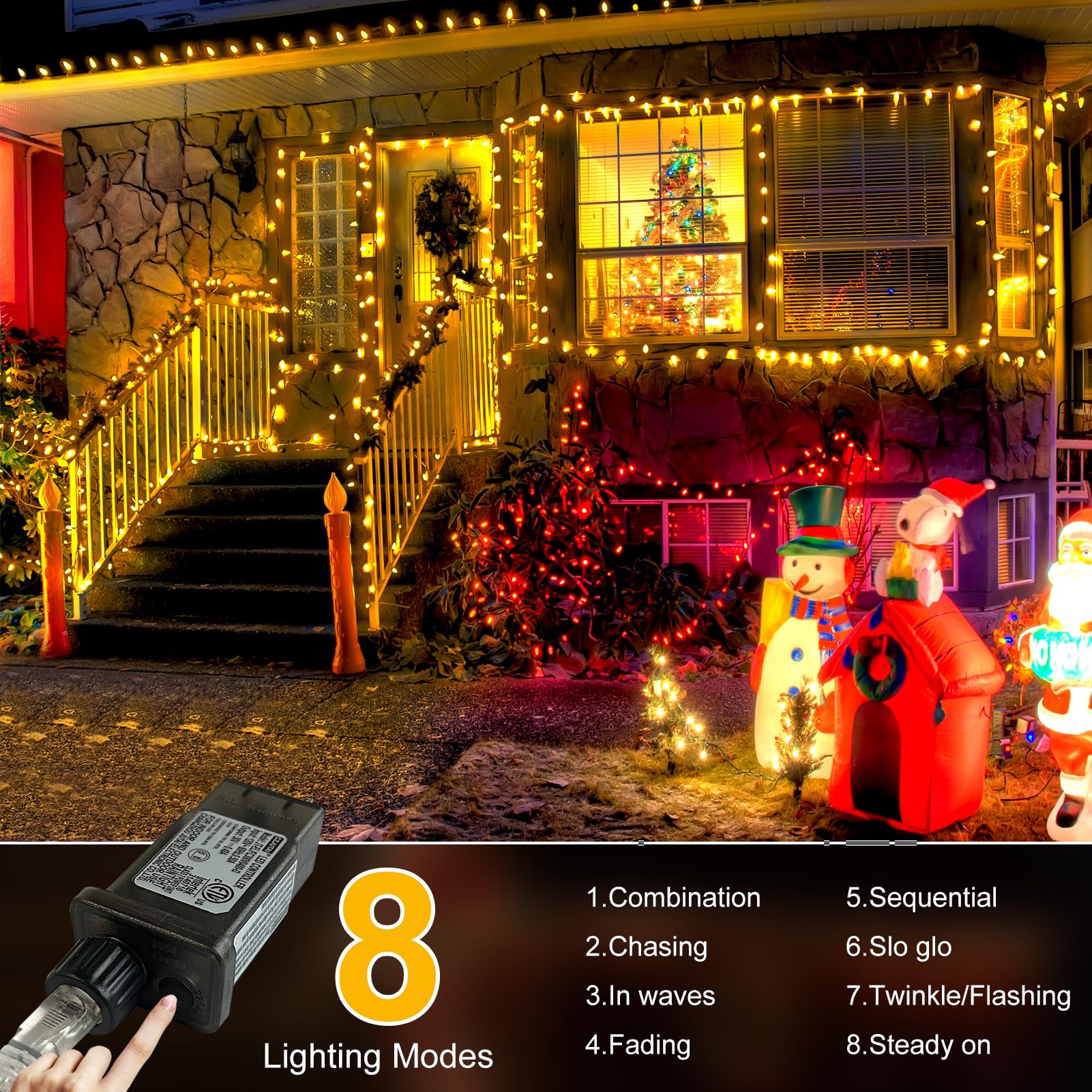 FLVOECN Guirnalda de luces para exteriores impermeables, cadena de luces enchufables con temporizador de 8 modos, 410 pies, 1200 luces LED parpadeantes, decoración para exteriores e interiores para