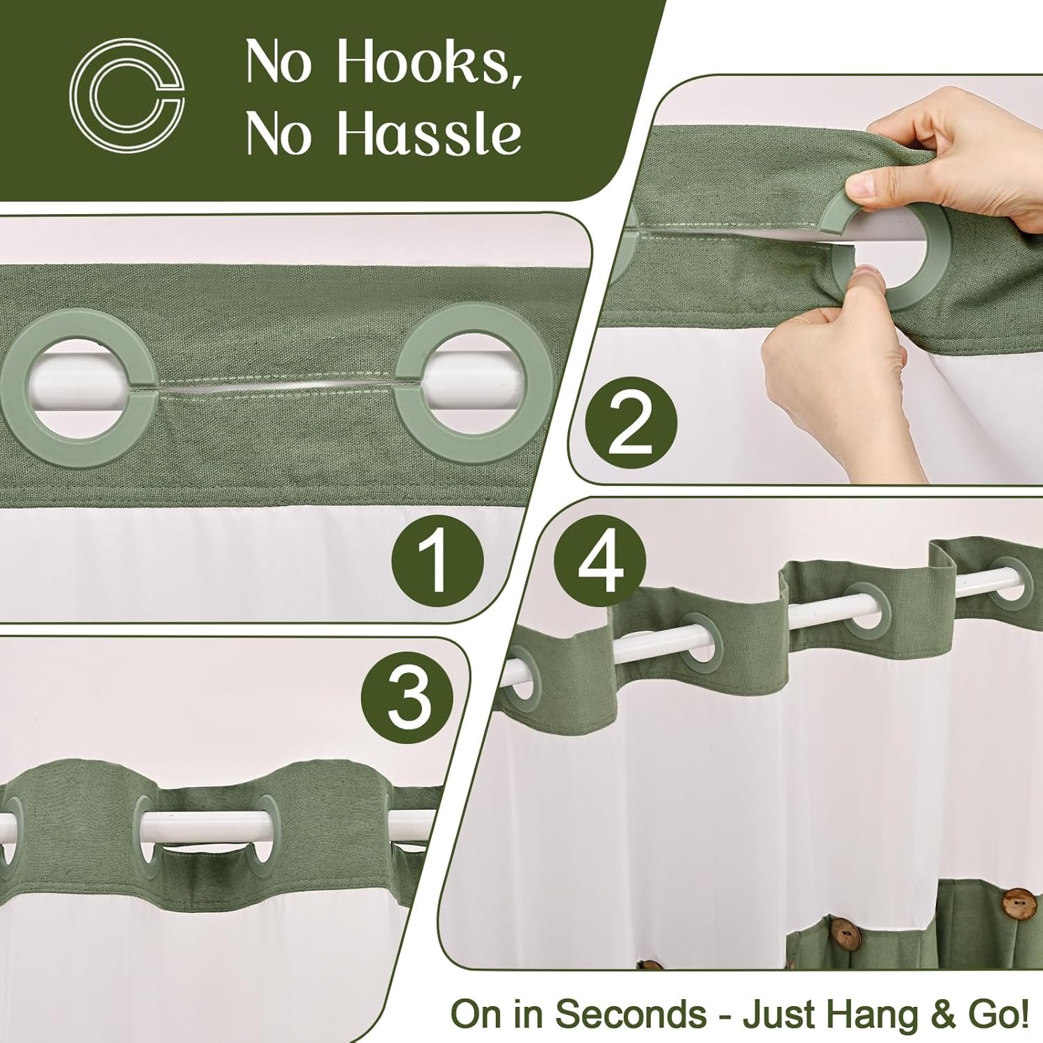 ASPMIZ Farmhouse Shower Curtain and Liner Set, No Hook Shower Curtain with Snap in Liner Fabric, Linen Washable Waterproof Bathroom Curtains with Button, Mesh Top Window, Green, 71"x 74"