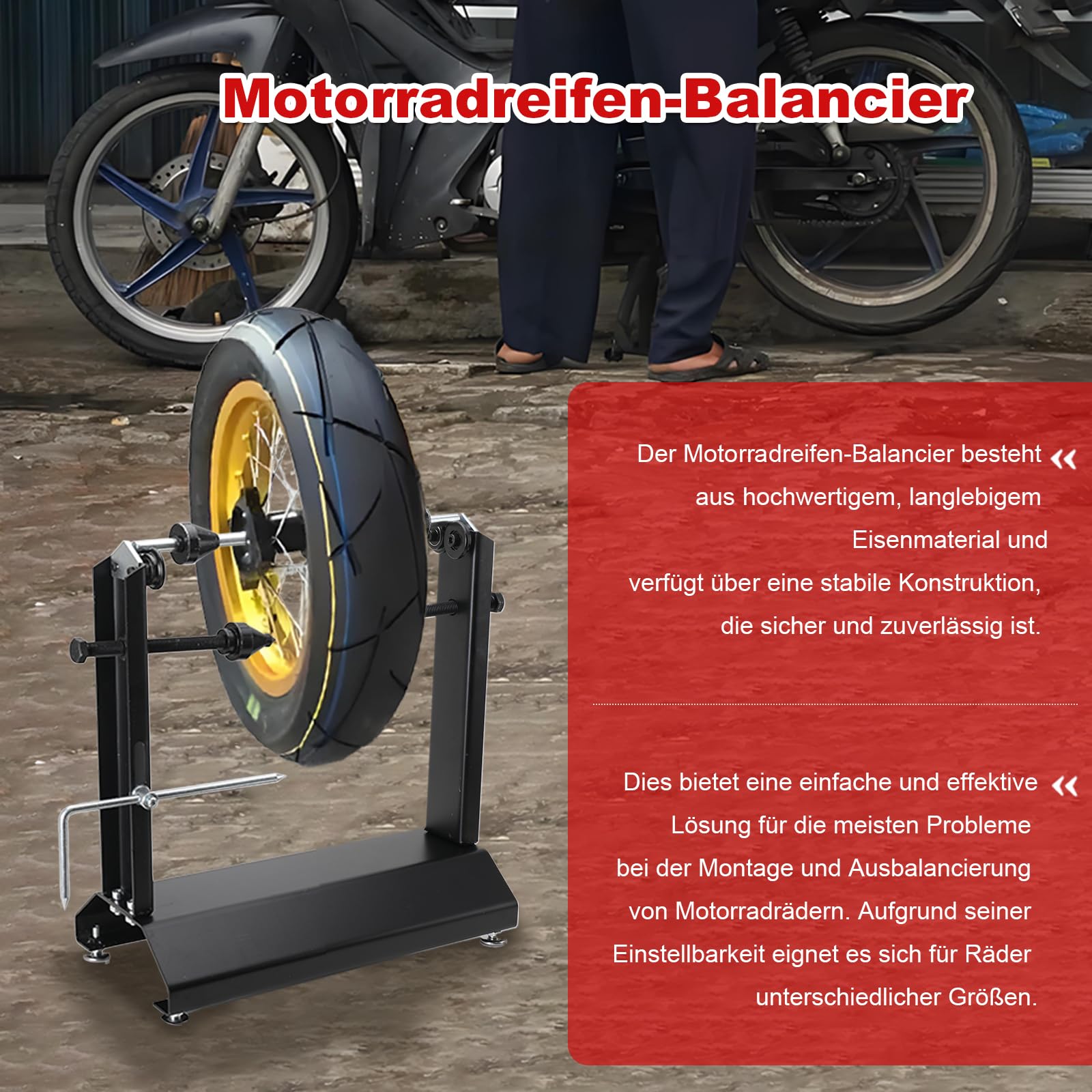 LALABU Auswuchtgerät für Motorradräder, Radauswuchtmaschine mit Einstellbare Zentrierstifte, Motorrad-Fahrrad-Radauswuchtmaschine/Ziehständer-Werkzeuge für Motorrad und Roller