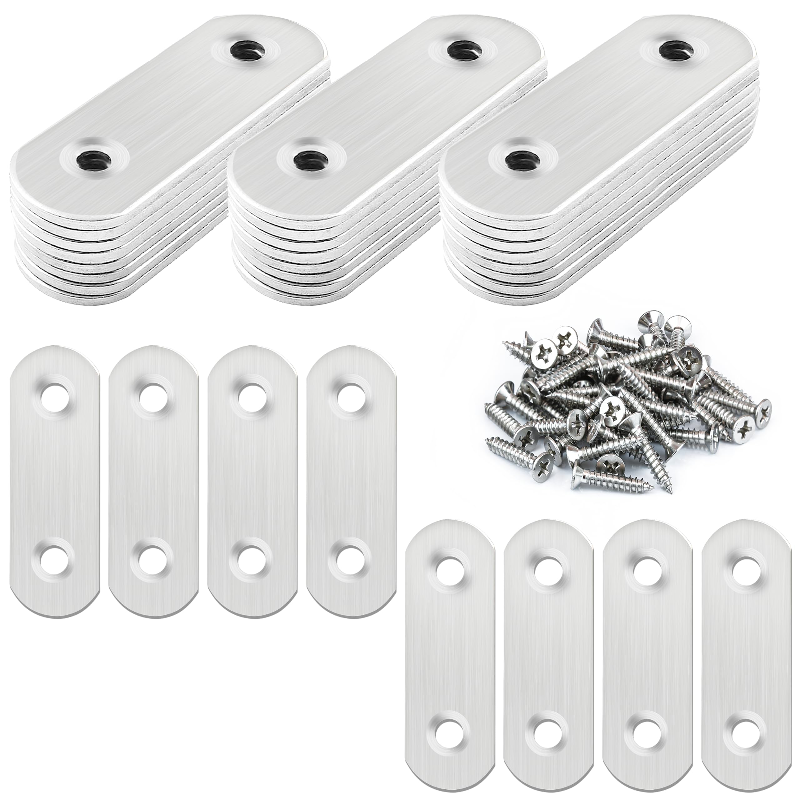 32 Pcs Stainless Straight Bracket (1.96*0.63 inch) Flat Straight Braces, Metal Fixed Connecting Plate, Can be Used to Repair Furniture, Bookcase, Table,Chair Legs, Beds Etc. with 64 Pcs 304 SS Screws