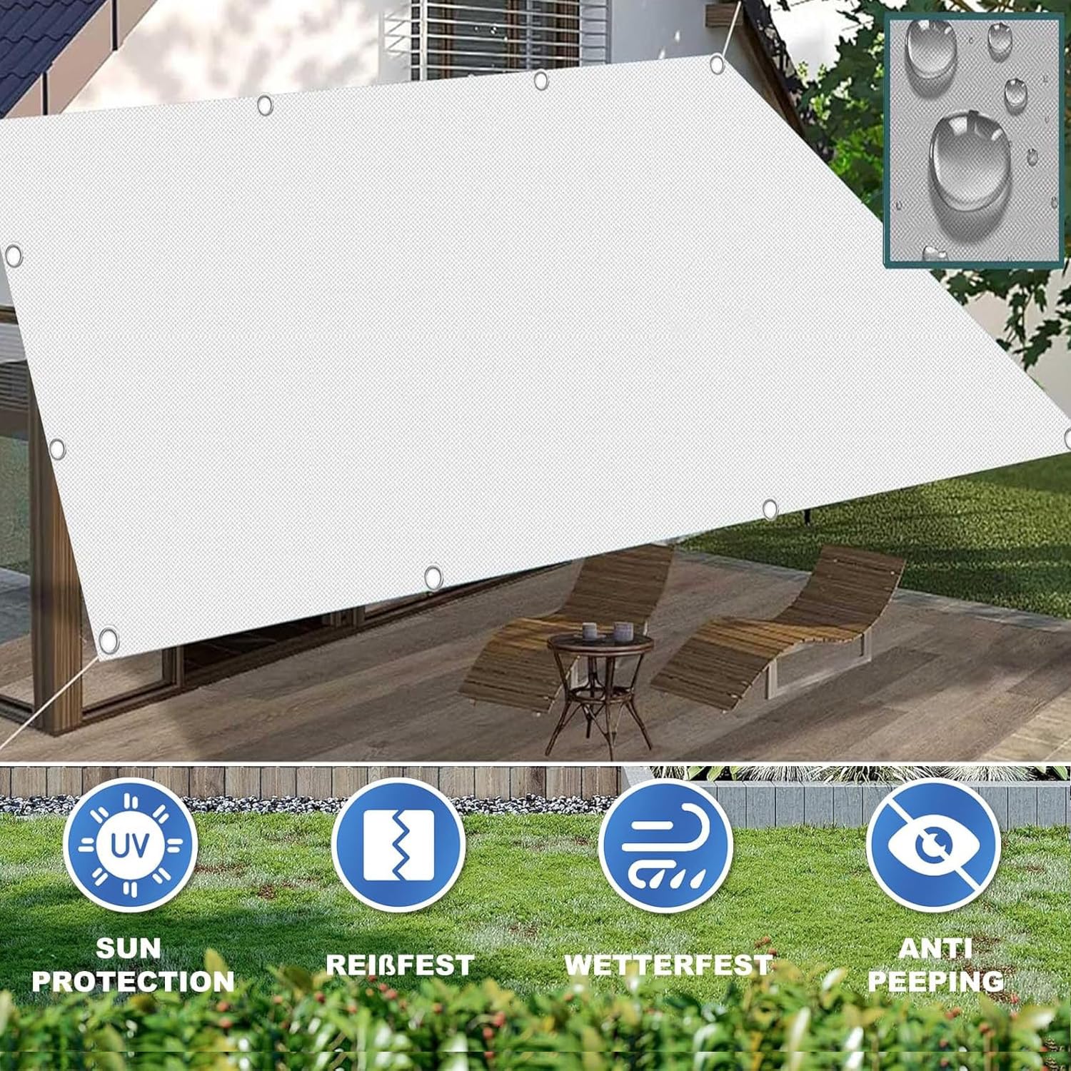 Tenda da Sole Impermeabile 2x6M Tenda parasole rettangolare,Telo Ombreggiante con Occhiellato Rettangolare,Panno Vele parasole per Esterni Pergola Piante Da Patio Serra Auto Piscina Bianco