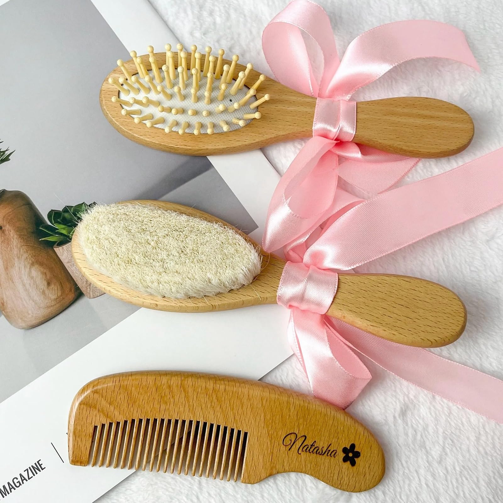 Set Da 3 Pezzi Set Di Spazzole E Pettini Personalizzati Personalizzati For Neonati, Spazzola For Capelli For Bambini, Pettine In Legno Bambini, Cuffia For Culla, Spazzola Con Setole Di Capra Naturali