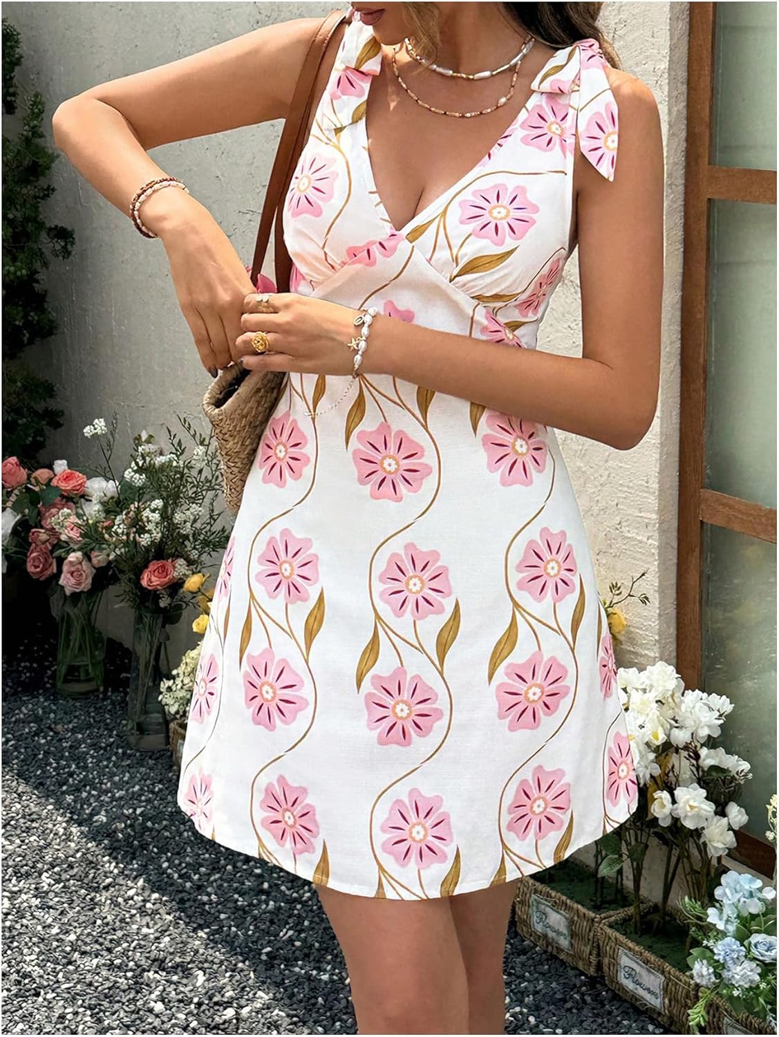 Floerns Women's Floral Tie Shoulder Cami Dress Sleeveless V Neck Beach A Line Dresses - Image 5