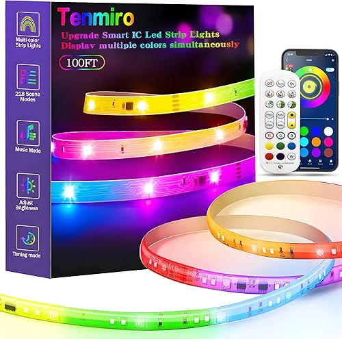 Tenmiro Luces LED IC inteligentes mejoradas de 100 pies para dormitorio, múltiples colores en una línea, tira de luces LED de una línea, control de