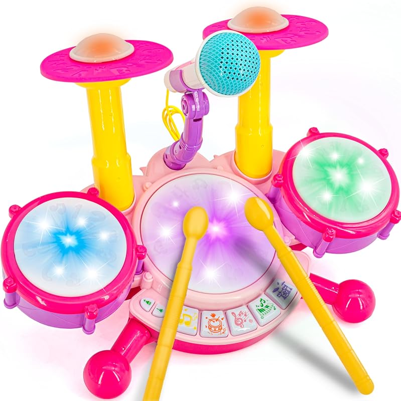 Pink Drum Set for Girls – Kids Musical Instrument Kit | Pink Drum Set for Girls, Kids Musical Instrument Kit, Electronic Drum Toy for Ages 18 Months and Up