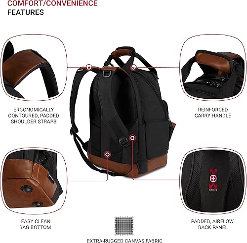 Miniatura 2 de SwissGear Mochila para herramientas, se adapta a portátiles de hasta 15 pulgadas, paquete de trabajo, lona negromarrón, Negromarrón lona, Paquete de