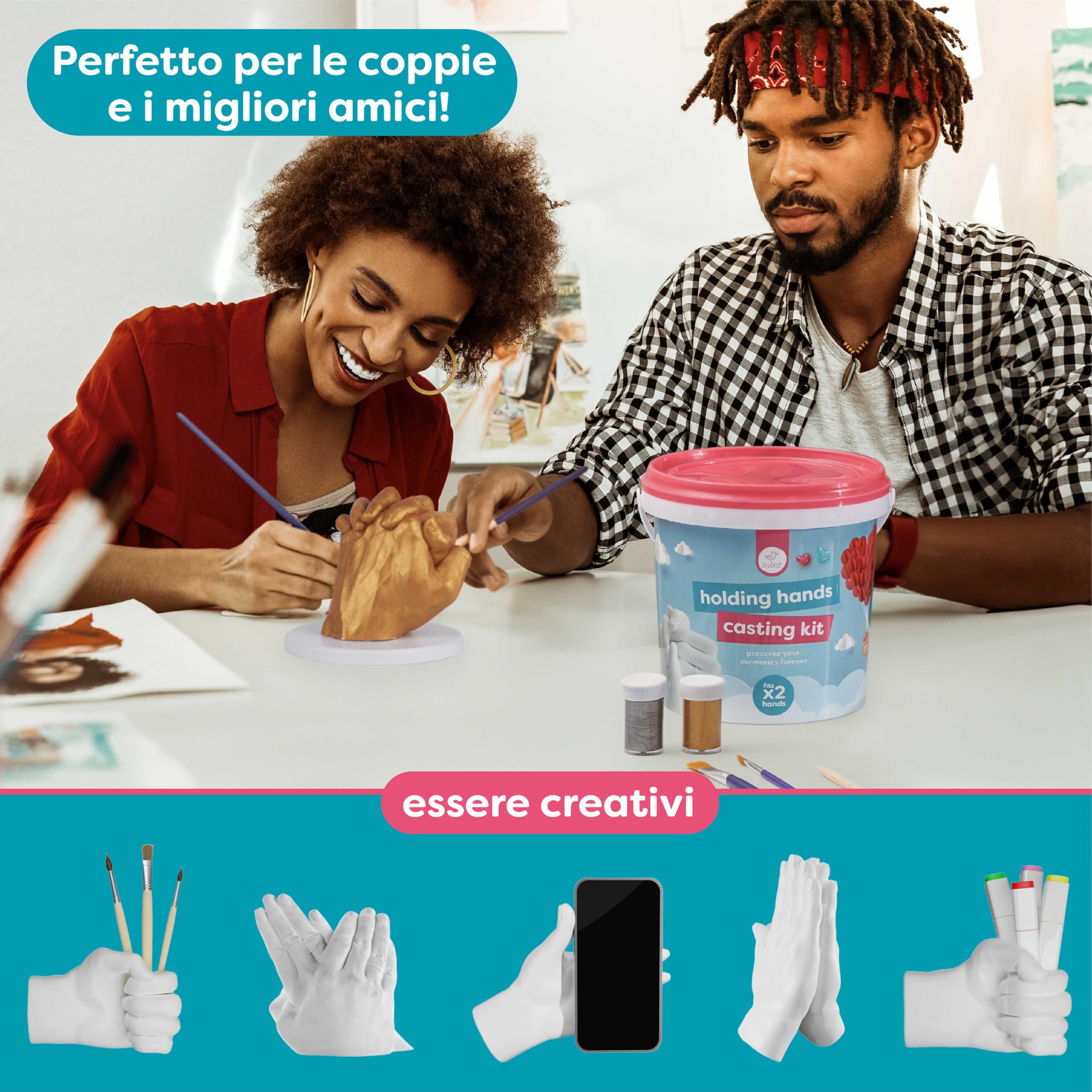 chuckle - Set di impronte digitali 3D per coppie, mani in gesso, regalo di coppia per anniversario, non tossico e semplice con colore oro