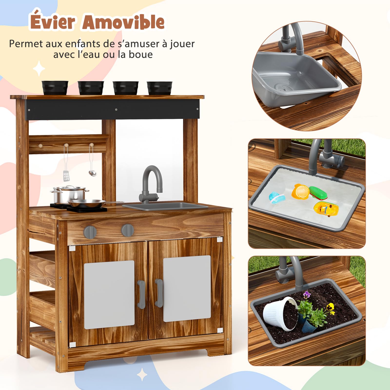 DREAMADE Cuisine de Boue, Jouet de Cuisine pour Enfants avec Évier Amovible, Robinet, Double Réchaud, 4 Pots de Plantation et Tableau Acrylique, Cuisine d’Extérieur en Bois pour Enfants de 3+ Ans