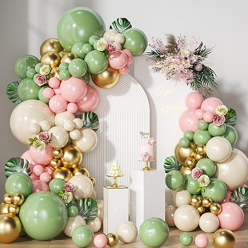 Kit de guirnalda de arco de globos de doble relleno verde salvia, suministros para fiesta, aguacate, verde, salvia, crema, melocotón, globos dorados