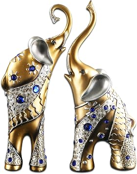 Mose Cafolo Set of 2 pcs Pair of Large 12" Tall Golden Feng Shui Thai Elephant Statues Figurines with Beautiful Blue Gem Wealth Lucky Figurine Gift & Home Decor