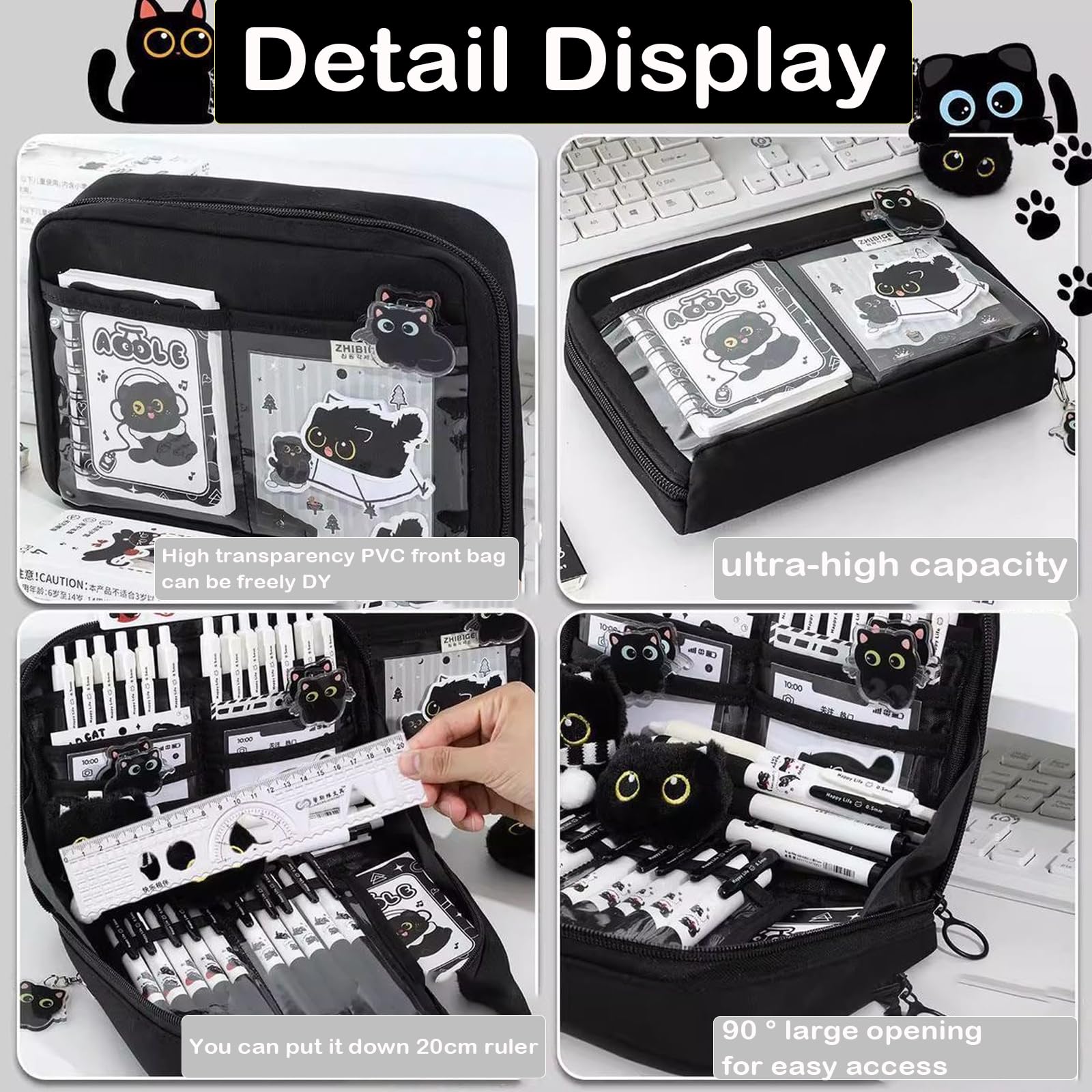 Grazioso astuccio con gatto nero con 12 scomparti. Il set regalo include astuccio nero, penna a sfera, portachiavi in peluche, adesivi, clip, quaderno, segnalibro e note adesive.