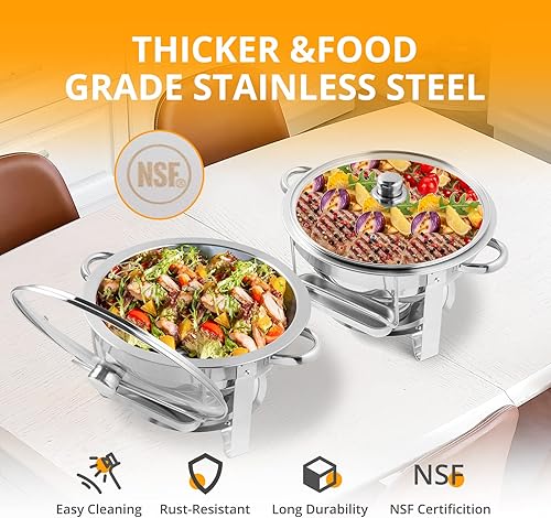 Miniatura 2 de ROVSUN Juego de bufé de 5 cuartos de galón de acero inoxidable NSF redondo para catering, servidores de buffet y calentadores con soporte de tapa y