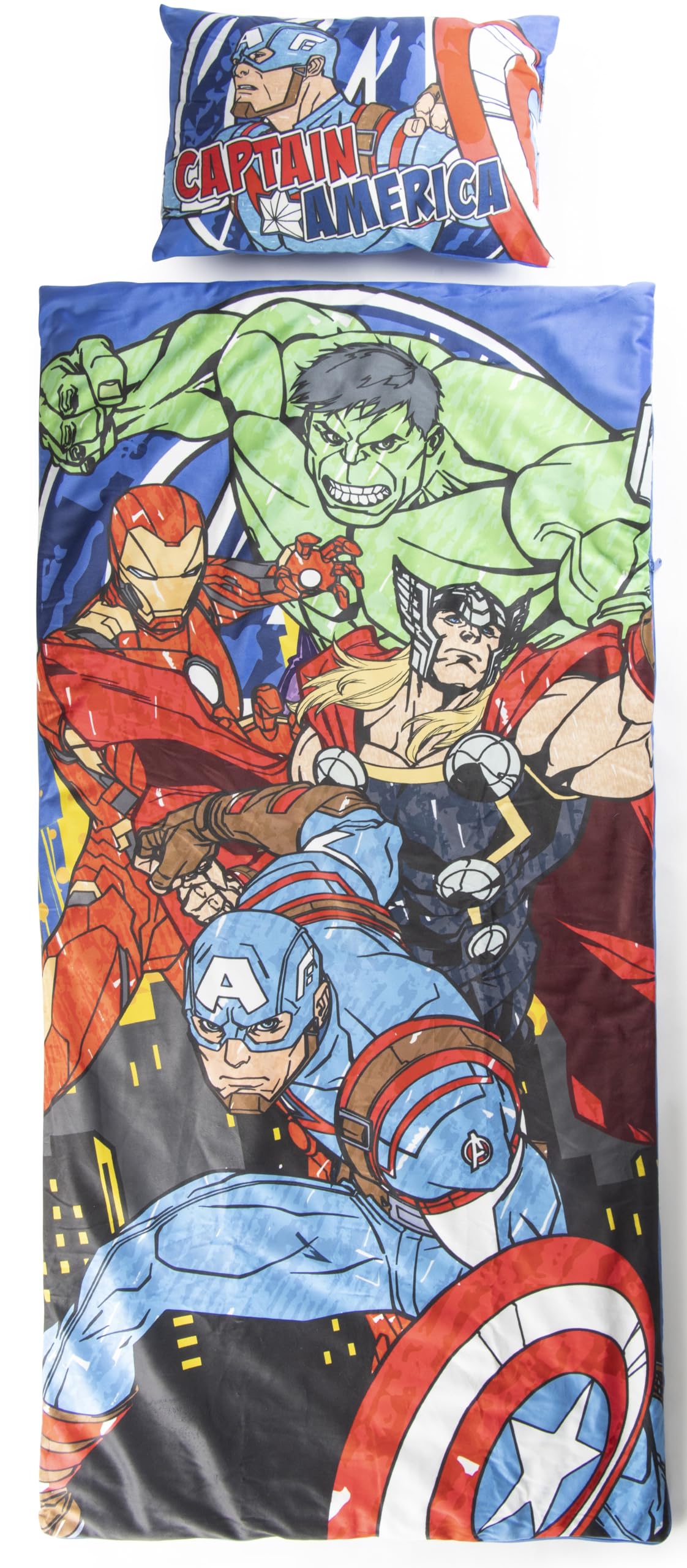 Jay Franco Kids Slumber Bag and Pillow - 54 x 27 Inch Comfy Indoor Sleeping Bag for School and Sleepovers, 2 Piece Set, Blue - Avengers