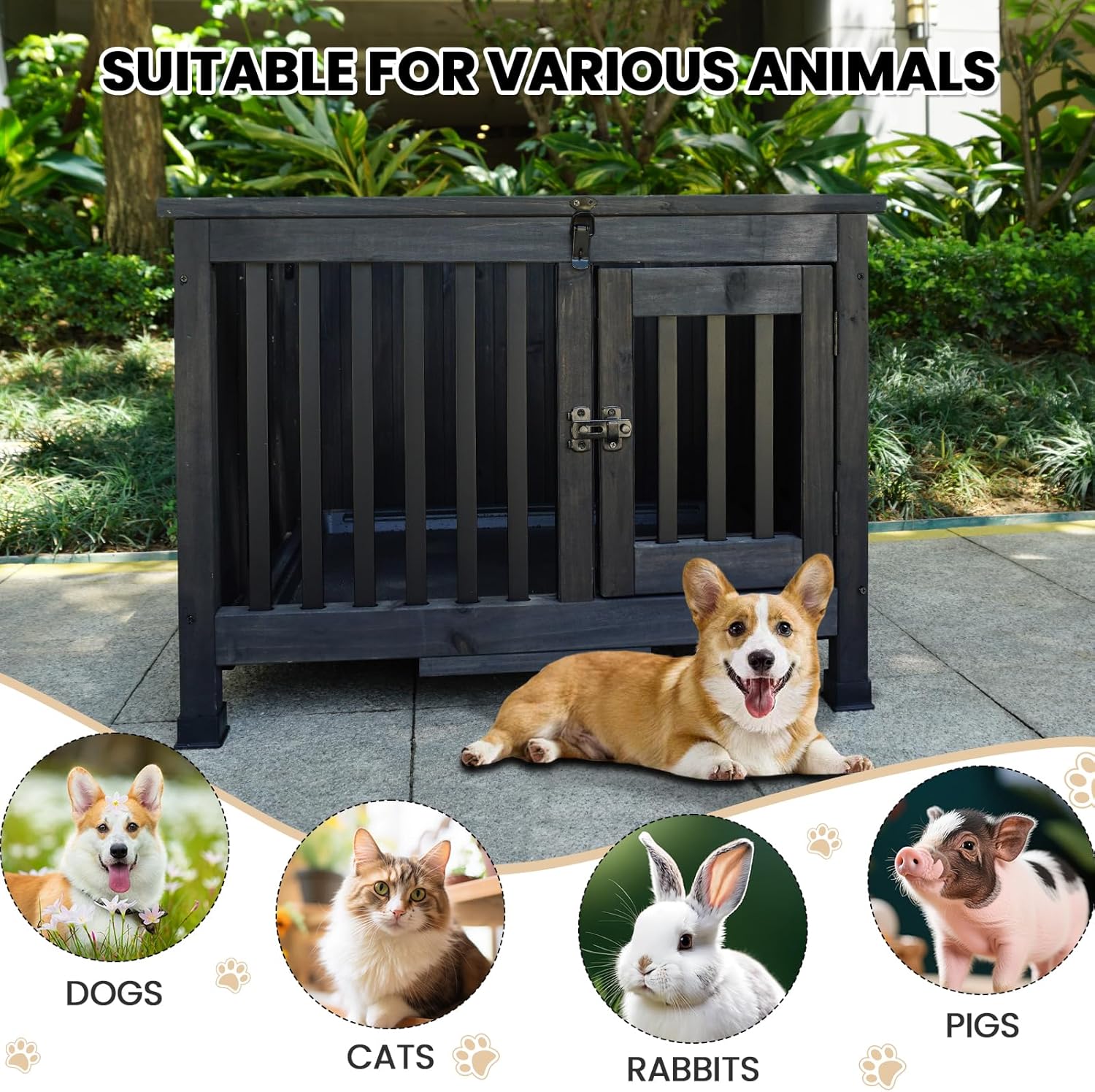 28" Dog Crate Furniture, Fully Assembled Wooden Dog Kennel with Removable Tray, Decorative Pet Crate Dog Cage Indoor Furniture End Table, Portable Pet Cage for Small & Medium Dogs, Black