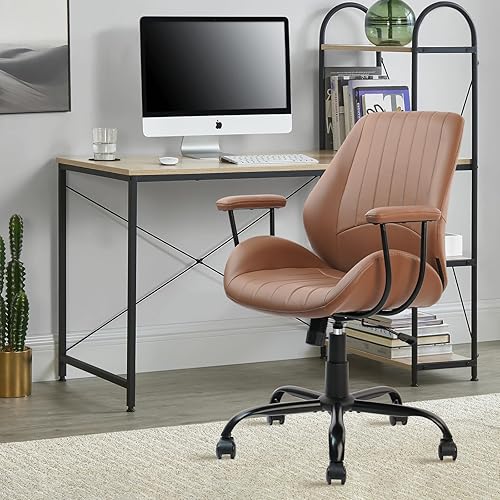 Miniatura 7 de CLATINA Silla de oficina de cuero marrón con ruedas y brazos, silla ergonómica de escritorio para el hogar con soporte lumbar, sillas de trabajo
