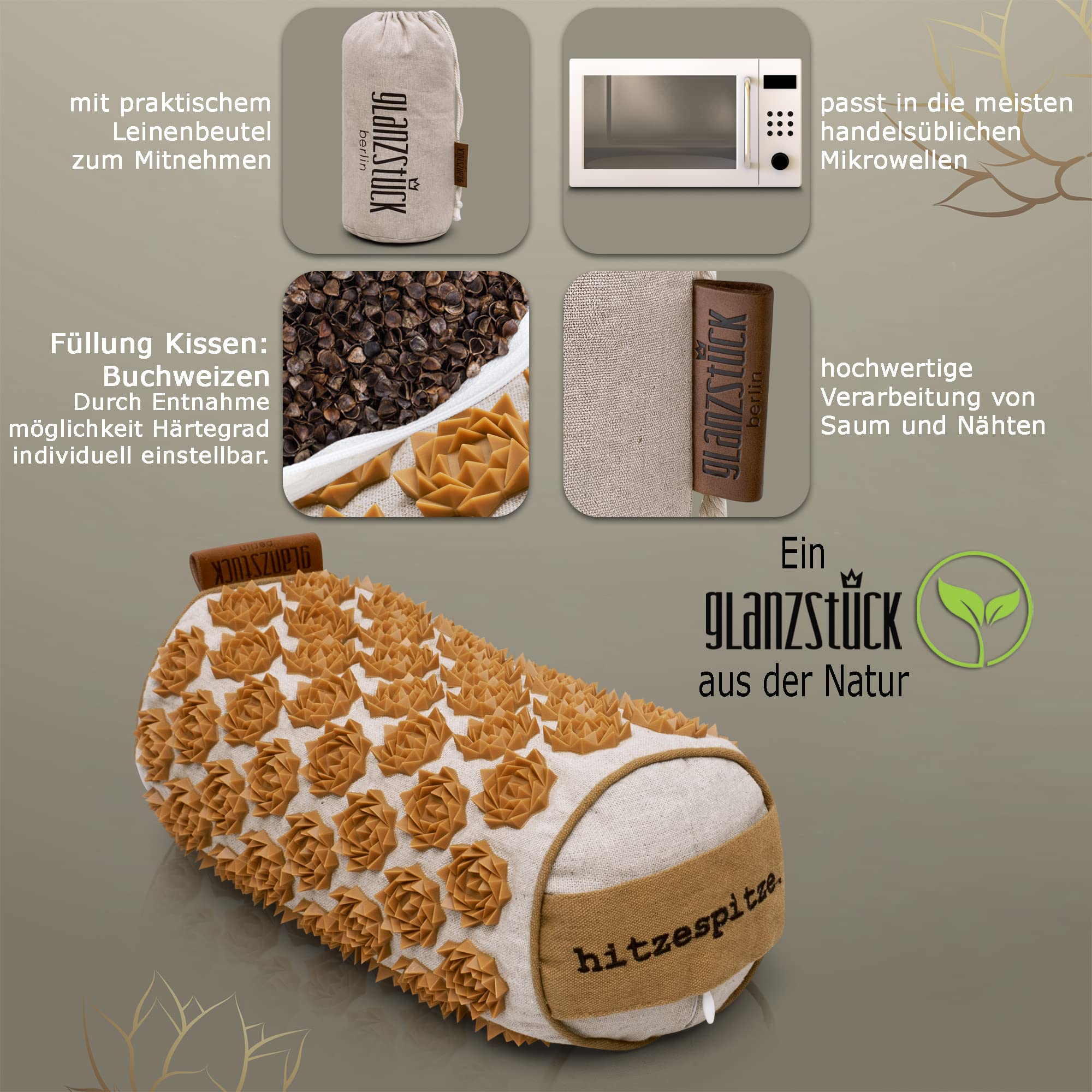 Glanzstück Berlin® Health Collection - Premium Akupressur Nackenrolle Nackenkissen Thermo Wärme gegen Nackenschmerzen Verspannungen HWS Kopfschmerzen aus Leinen nachhaltig