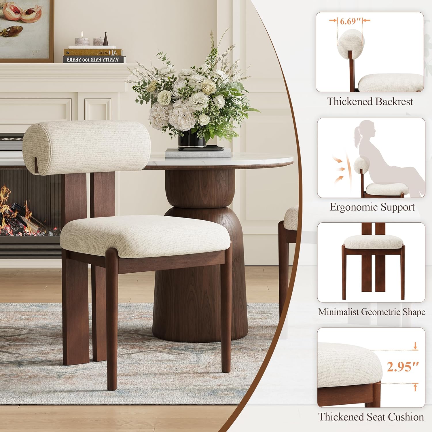 MALOL Modern Wooden Dining Chairs Set of 4, Upholstered Fabric Kitchen Chairs with Sculptural Backrest, Mid-Century Farmhouse Dining Room Chairs with Solid Wood Legs, Beige