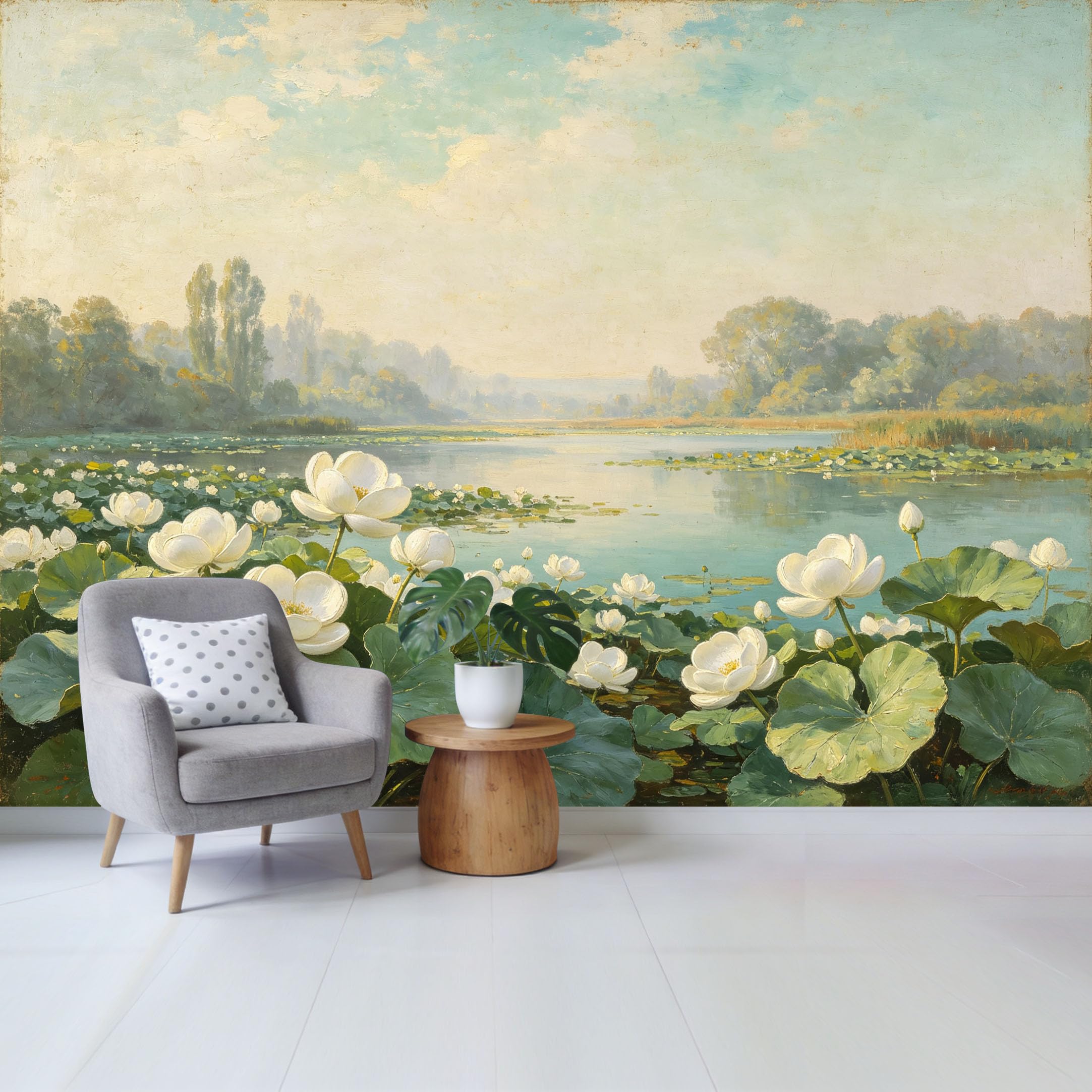 Qzlithotic Yq2605250309 Custom Size Wall Mural White Lotus Flower Pond Landscape Oil Painting Style Selfadhesive Wall Fabric Removable Wallpaper For Home Office Decor
