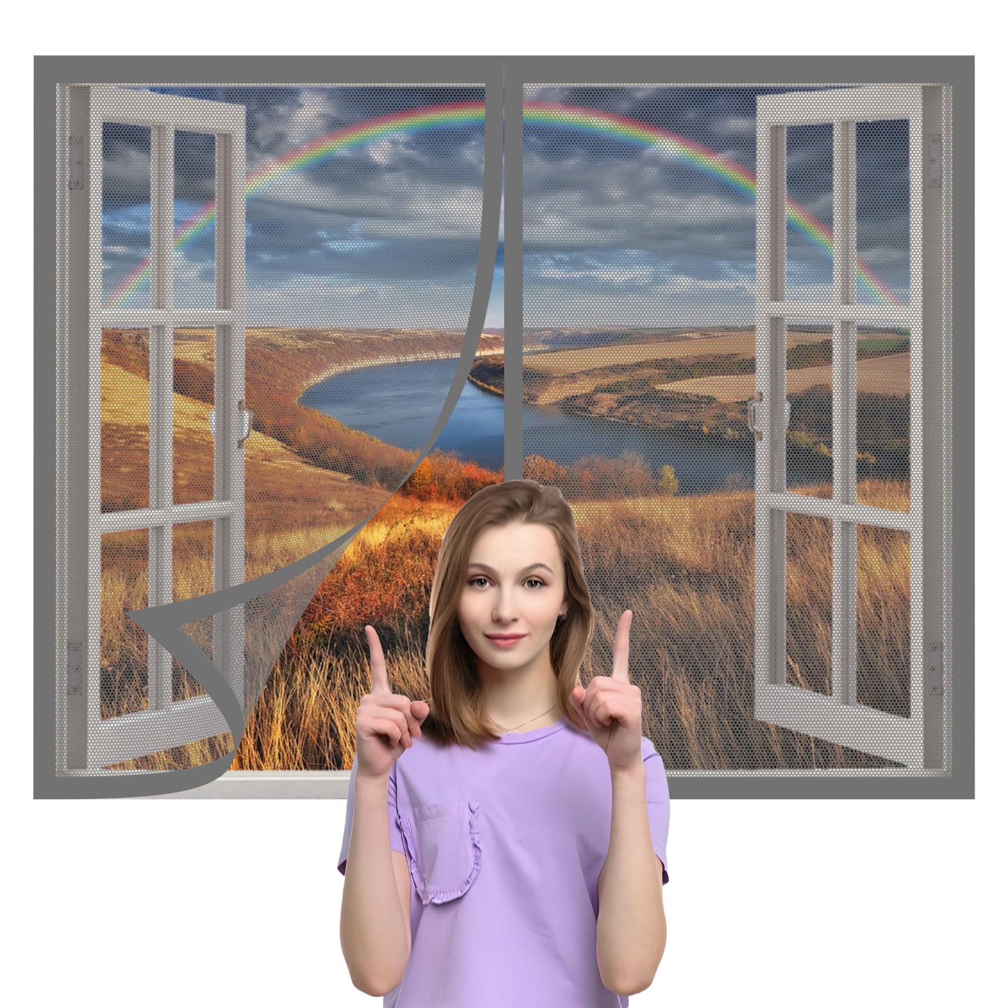 Magnetic Net Window 165 x 105 cm with Selfadhesive Magnetic Window Screen Insect Mesh Easy Installation for Bedroom, Living Room, Kitchen Patio, Grey