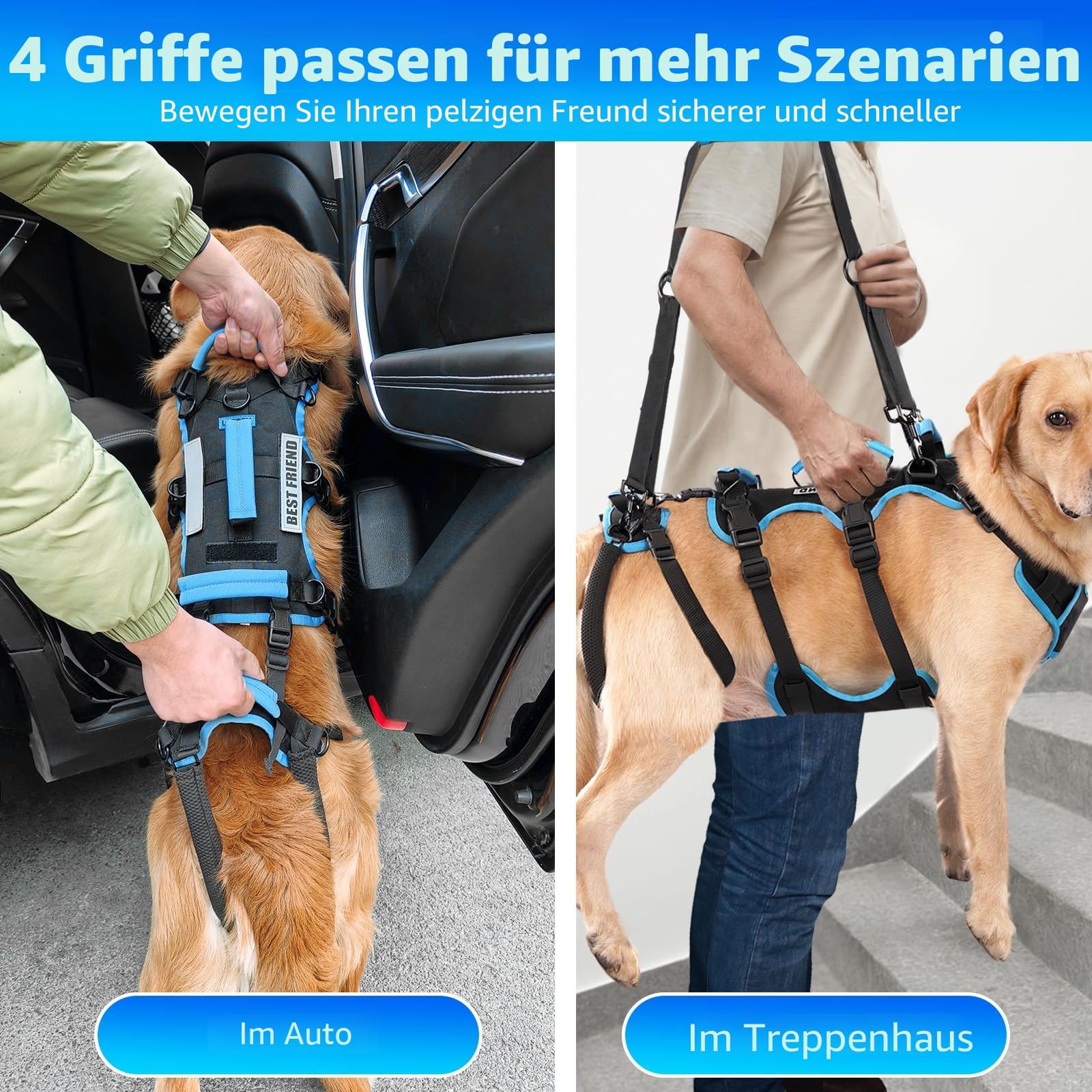 Hundeliftharnisch für große Rüden – 2-in-1 abnehmbares Hundetragegeschirr mit Hebegriffen für die Hinterbeine, Ganzkörperunterstützung für Senior-Hunde & nach der Operation(Schwarz, Groß)