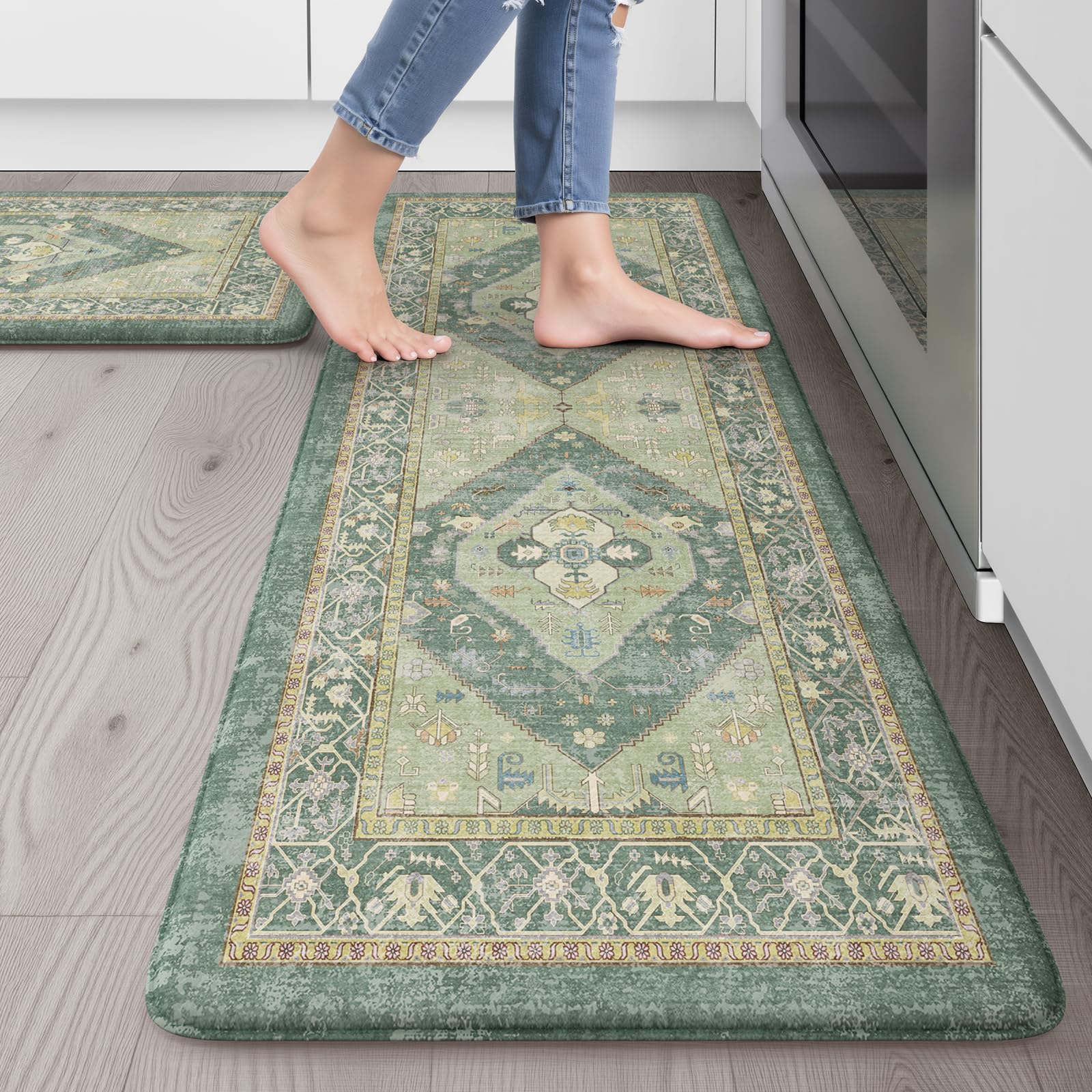 Green Kitchen Mats for Floor,Anti Fatigue Kitchen Floor Mat Non Slip Cushioned,Distressed Ergonomic Waterproof Comfort Standing Desk Mat for Home Office Sink Farmhouse(2 Piece)