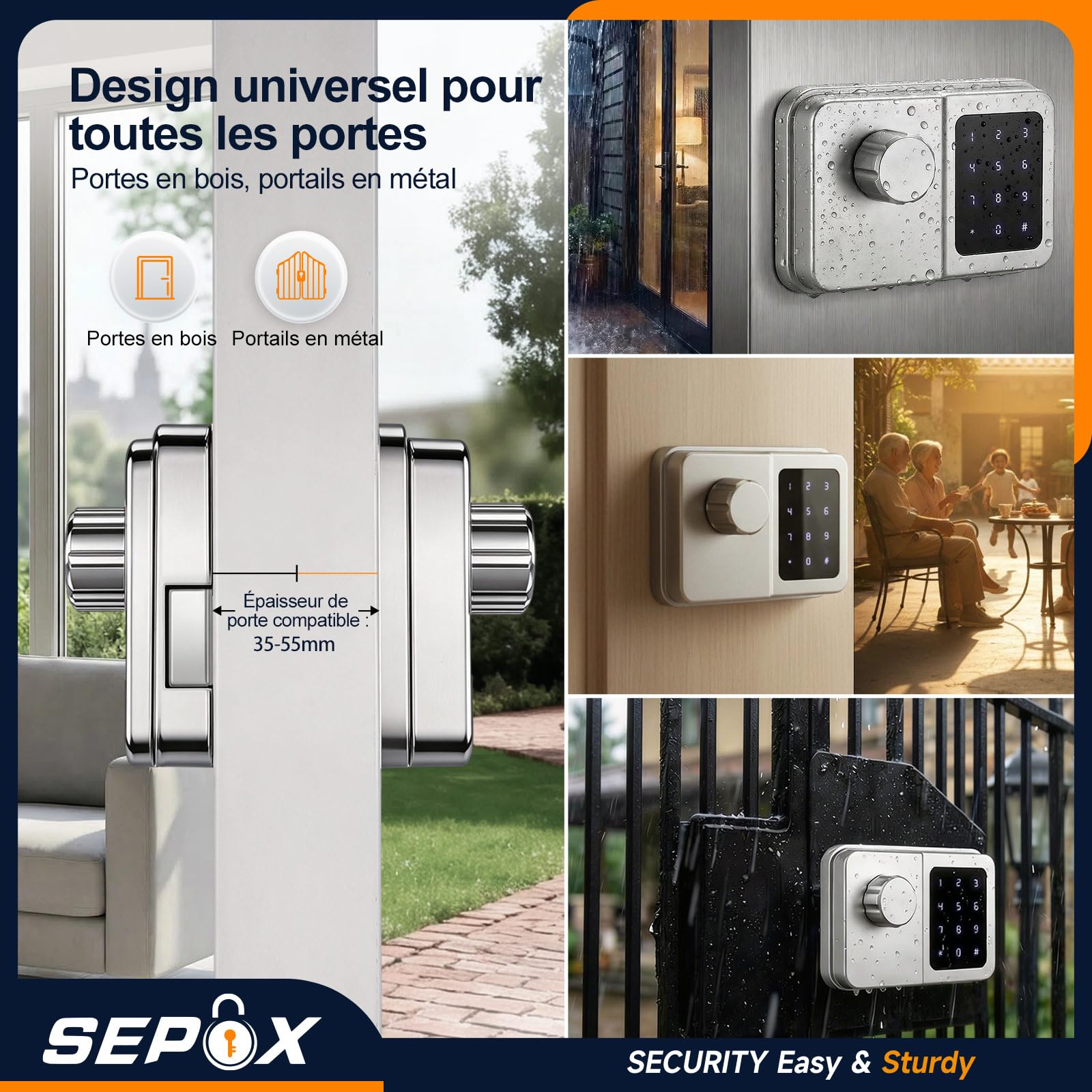 SEPOX Serrure Connectée Bluetooth Porte D’Entrée, Digicode, Clavier Tactile, Tuya, Sans Clé, Style Rétro, Pour Maison Appartement Bureau (Argent, Écran double)