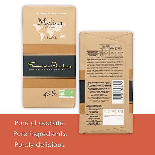 Miniatura 3 de François Pralus Melissa 45% Chocolate con leche, paquete de 3 unidades, chocolate francés, grano a barra, comercio directo, sin gluten, sin soja,