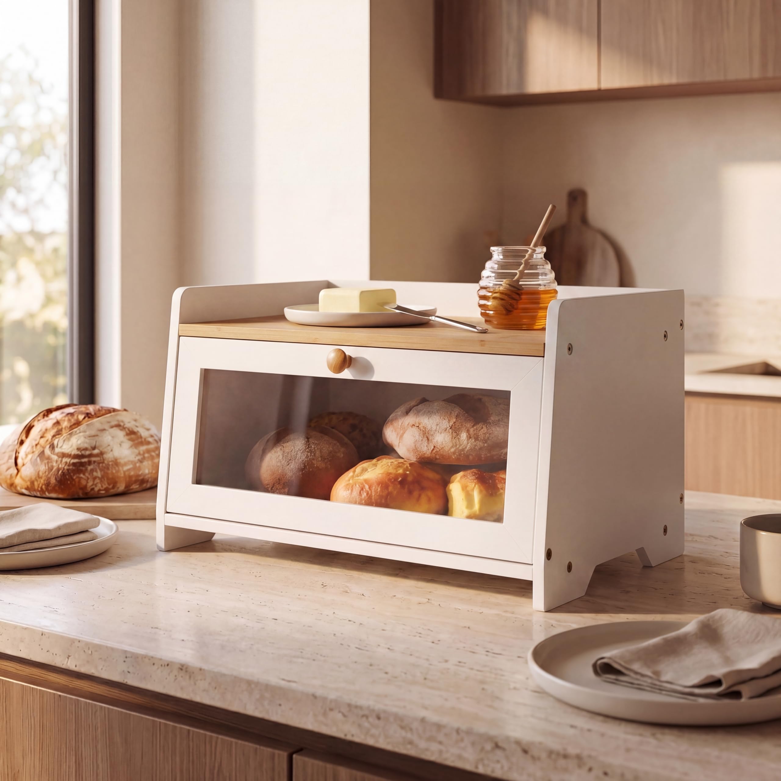 Maison Des Cadeaux White Bamboo Single-Layer Bread Bin with Top Shelf