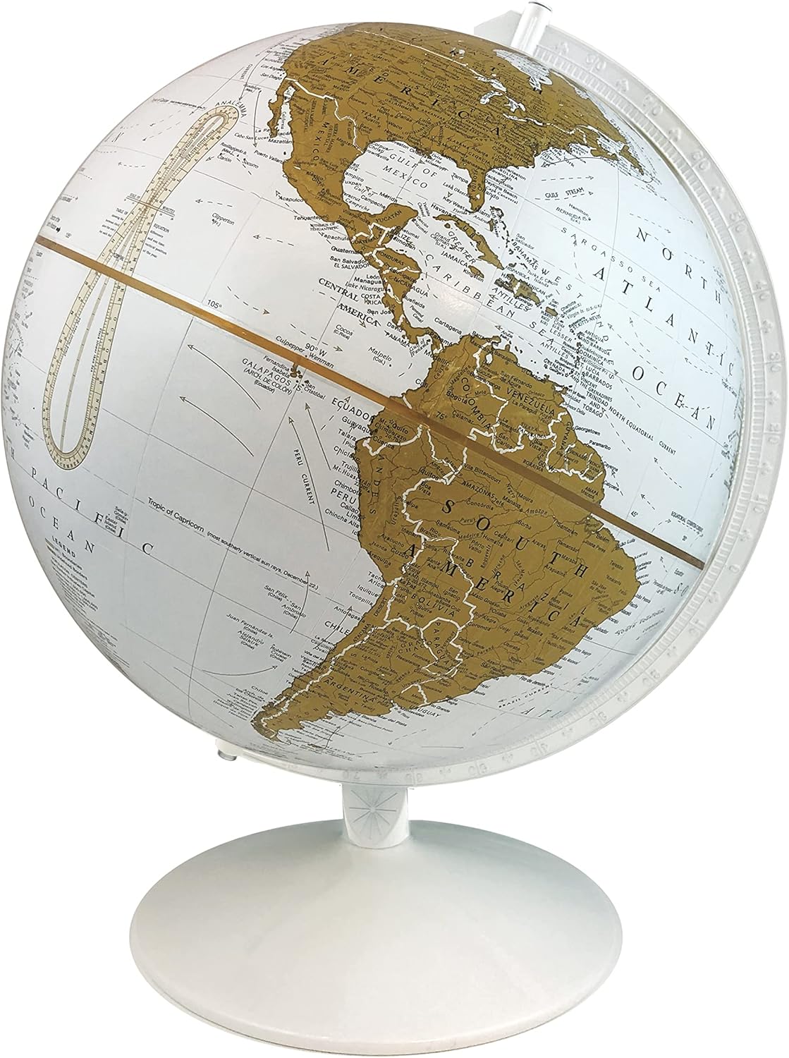 Oslo 12" Diameter Globe, USA Cartography with with Mountain Relief, Sturdy Metal Base and White and Gold Designer Globe Ball. The Oslo 12″ Designer Globe features the clean stylings of a white ocean globe with gold land masses. To maintain the sleek, clean design the borders are also outlined in white. The globe is held by a sold white die-cast semi-meridian and sturdy metal base.