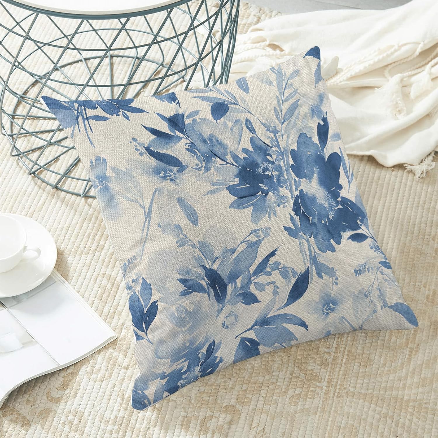 Spring Floral Pillow Covers 18x18 Set of 2 Watercolor Blue Flower Decorative Throw Pillow Covers Outdoor Decoration Vintage Summer Floral Decor Pillowcase Farmhouse Cushion Case for Home Couch - Image 6